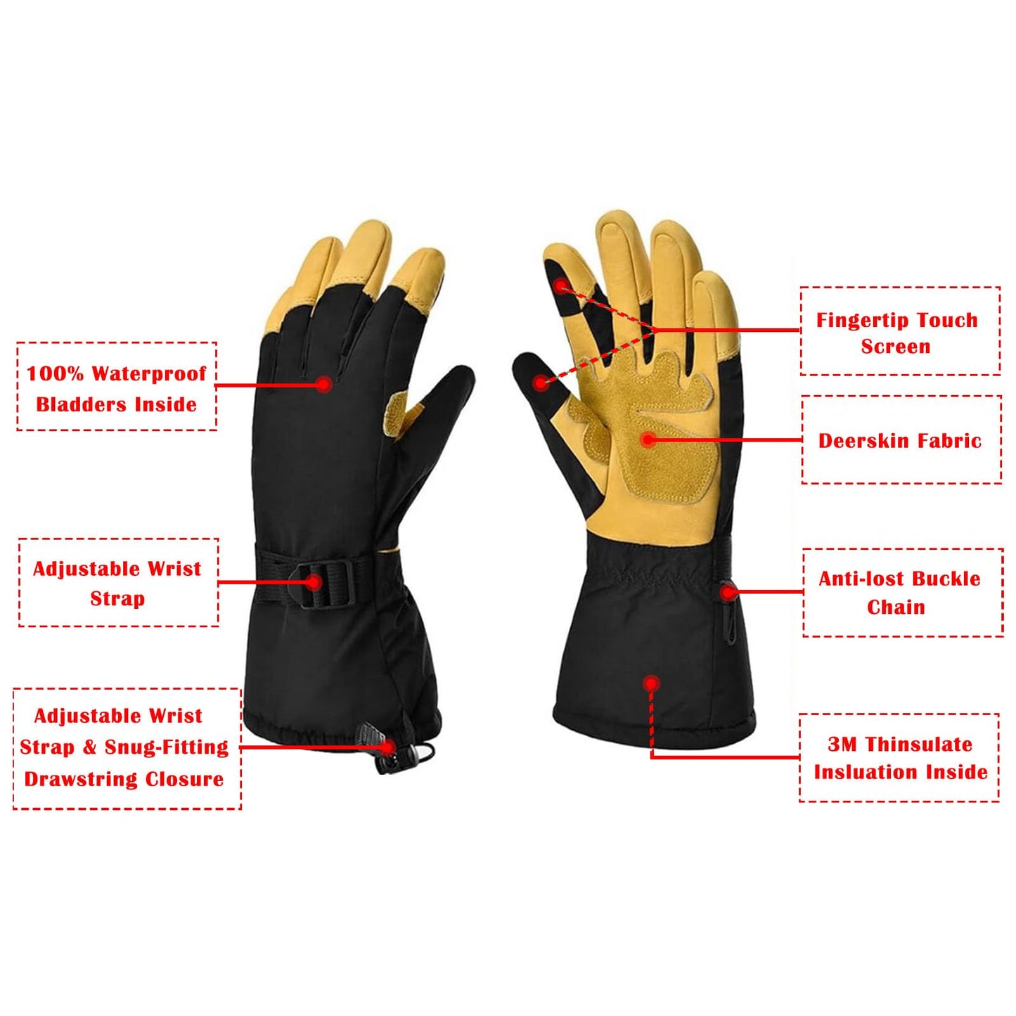 1Storm Deerskin Leather 3M Tinsulate Insulation Touchscreen Winter Gloves Ski Snowboard Cycling Bike