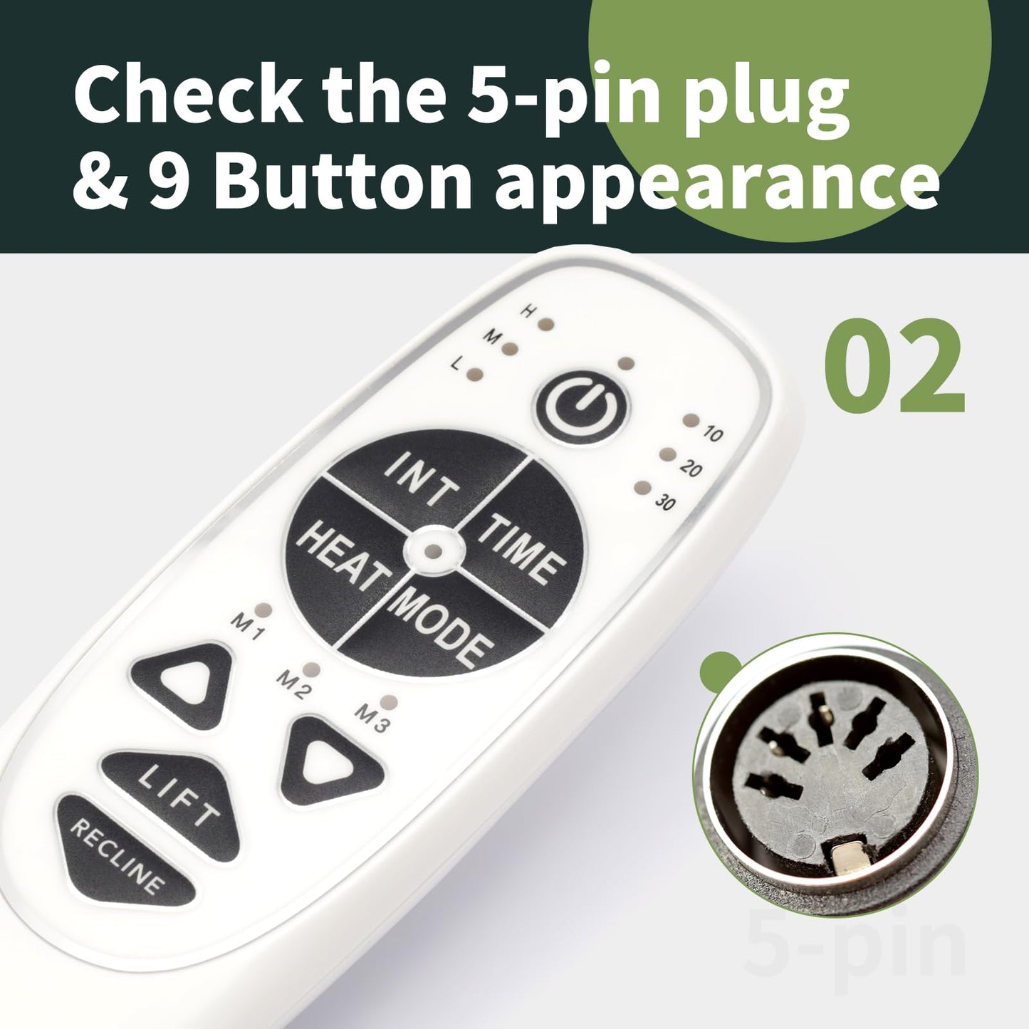 ALLCSM 5 Pin Female Plug DN-34A 9 Button Recliner Remote Controller for Heat Vibration & Up/Down, 3 Vibration Mode & 3 Massage Time Option with 1 USB Charging Port Circuit Board Inside Code DN-34A