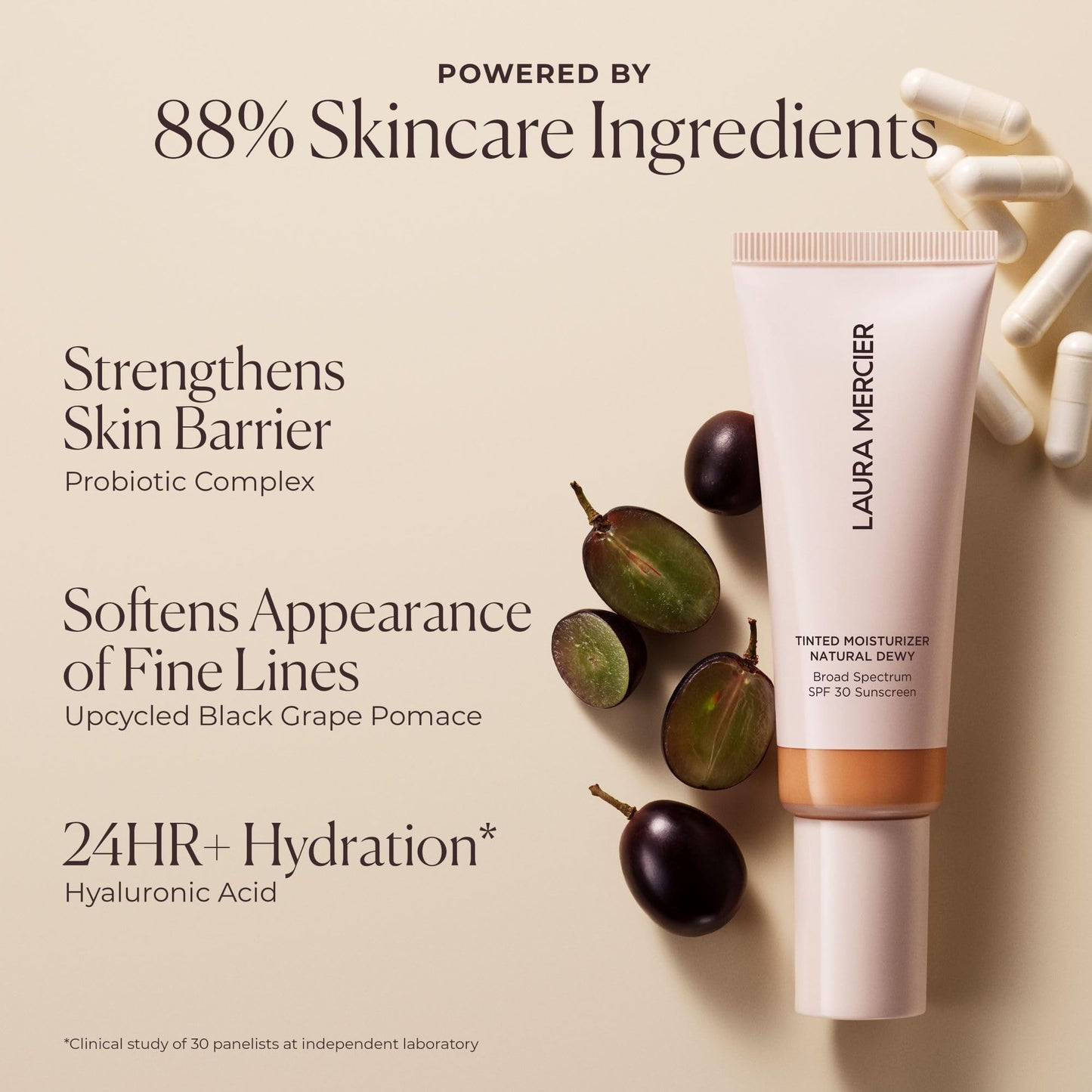 Laura Mercier Tinted Moisturizer Natural Dewy with SPF 30: 24HR+ Hydration, Long Lasting, Sheer to Light, Buildable Coverage, Dewy Finish, Improve Skin Tone and Texture, Skin Tint, Ochre