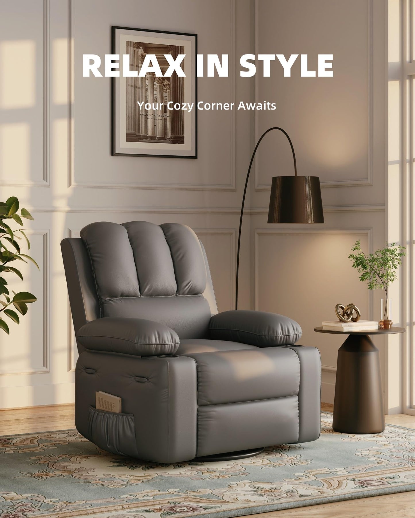 22'' Leather Recliner Chair for Adults, Overstuffed Manual Recliner Chair, Single Sofa with Cup Holder and Side Pockets, Upholstered Chair for Living Rooms, Gray