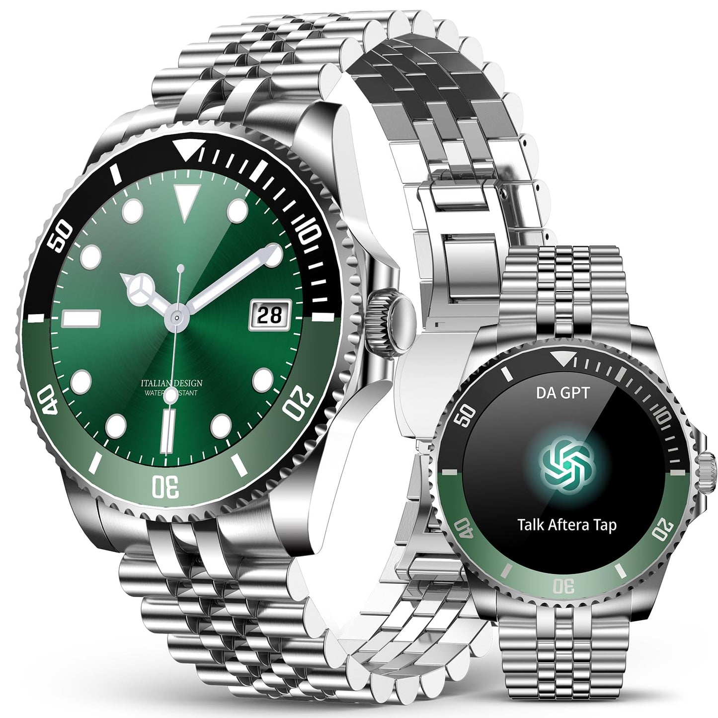 AI Smart Watch, DA GPT AI Waterproof Smartwatch, 1.19-inch AMOLED Display, 24/7 Heart Rate, Blood Oxygen, Blood Pressure, Sleep Monitor, 107 Sports Modes, Compatible Android and iOS Silver Green