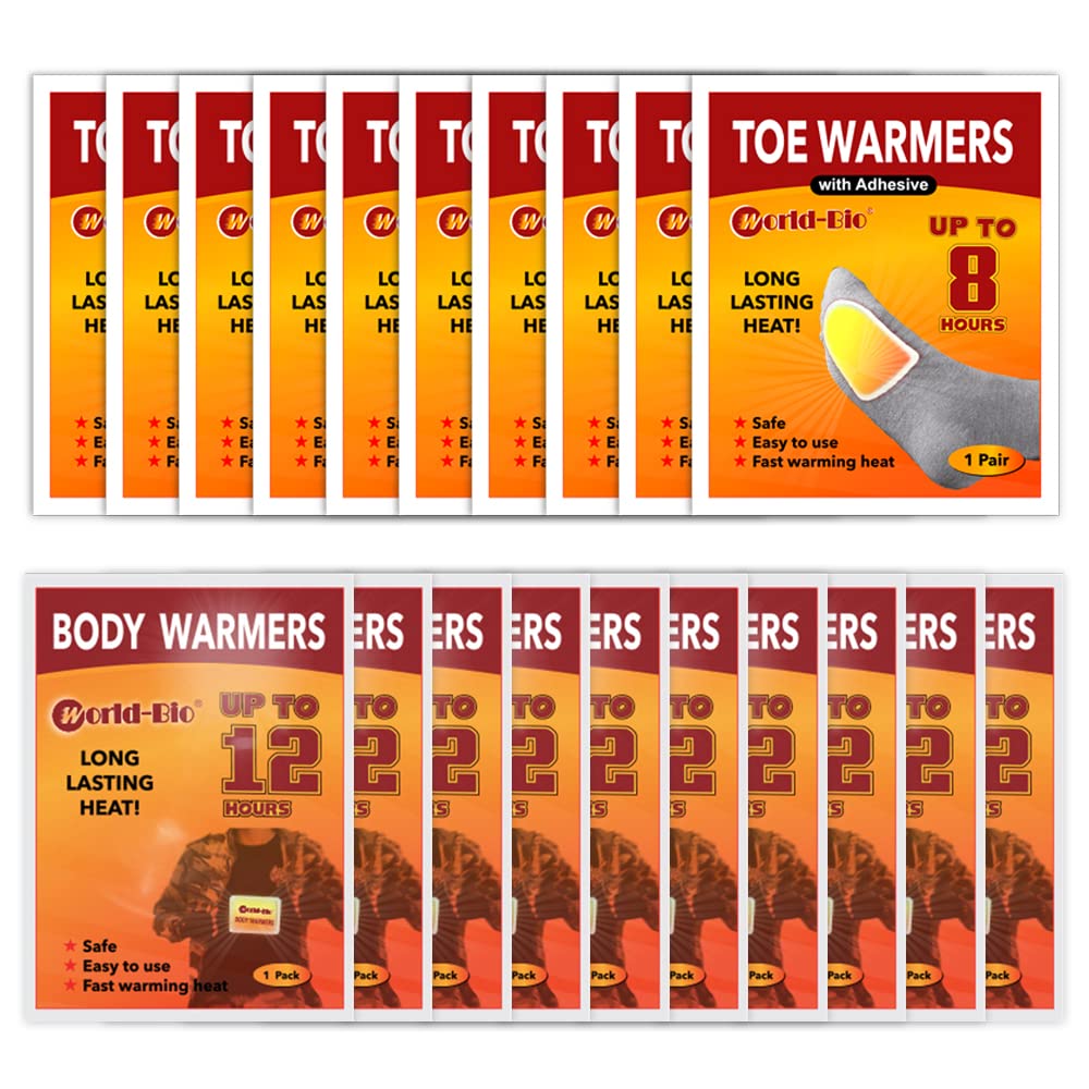 WORLD-BIO Body Warmers with Adhesive Backing 10 Packs & 10 Pairs Adhesive Toe Warmers - Long Lasting Safe Natural Odorless Air Activated Heat Pack Gives 8 Hours Warm