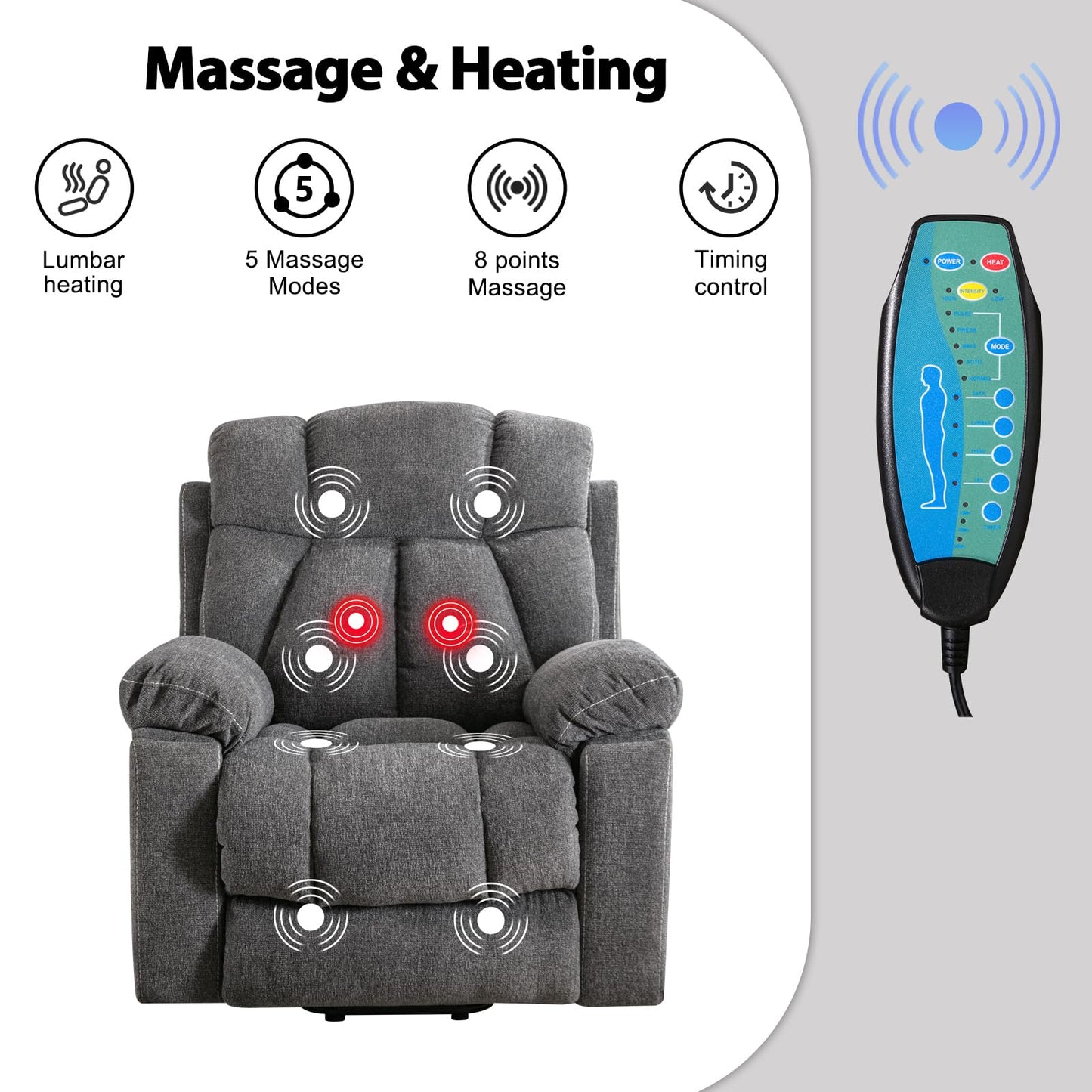 Phoenix Home Large Power Lift Recliner Chair with Massage and Heat for Elderly, Overstuffed Wide Recliners with 2 Cup Holders, Side Pocket and USB Port, Dark Gray