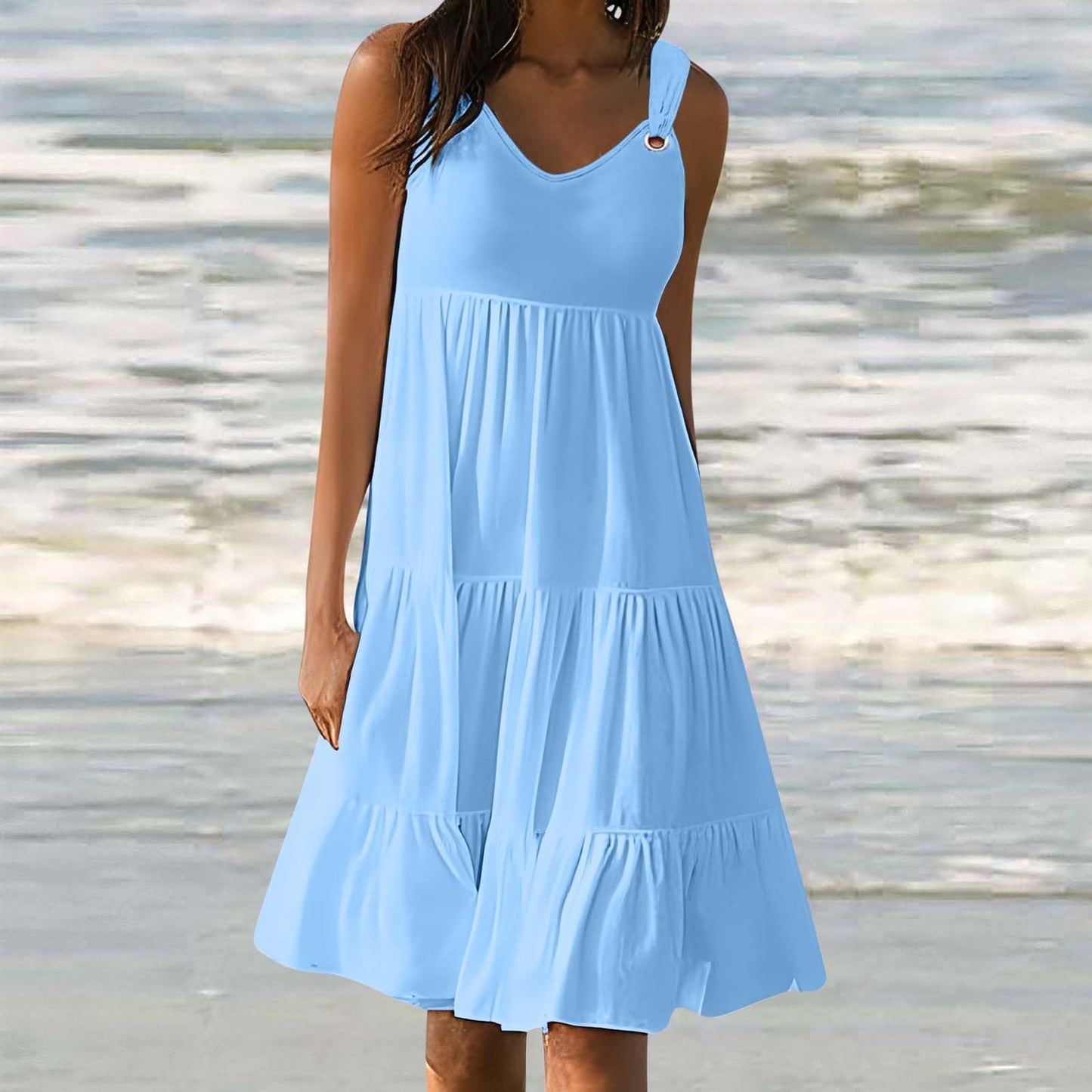 Anjikang prime deals today Summer Dresses for Women 𝟮𝟬𝟮𝟰 Sleeveless Beach Tank Dresses Tiered Ruffle Swing Dress Casual Solid Color Dresses, Large