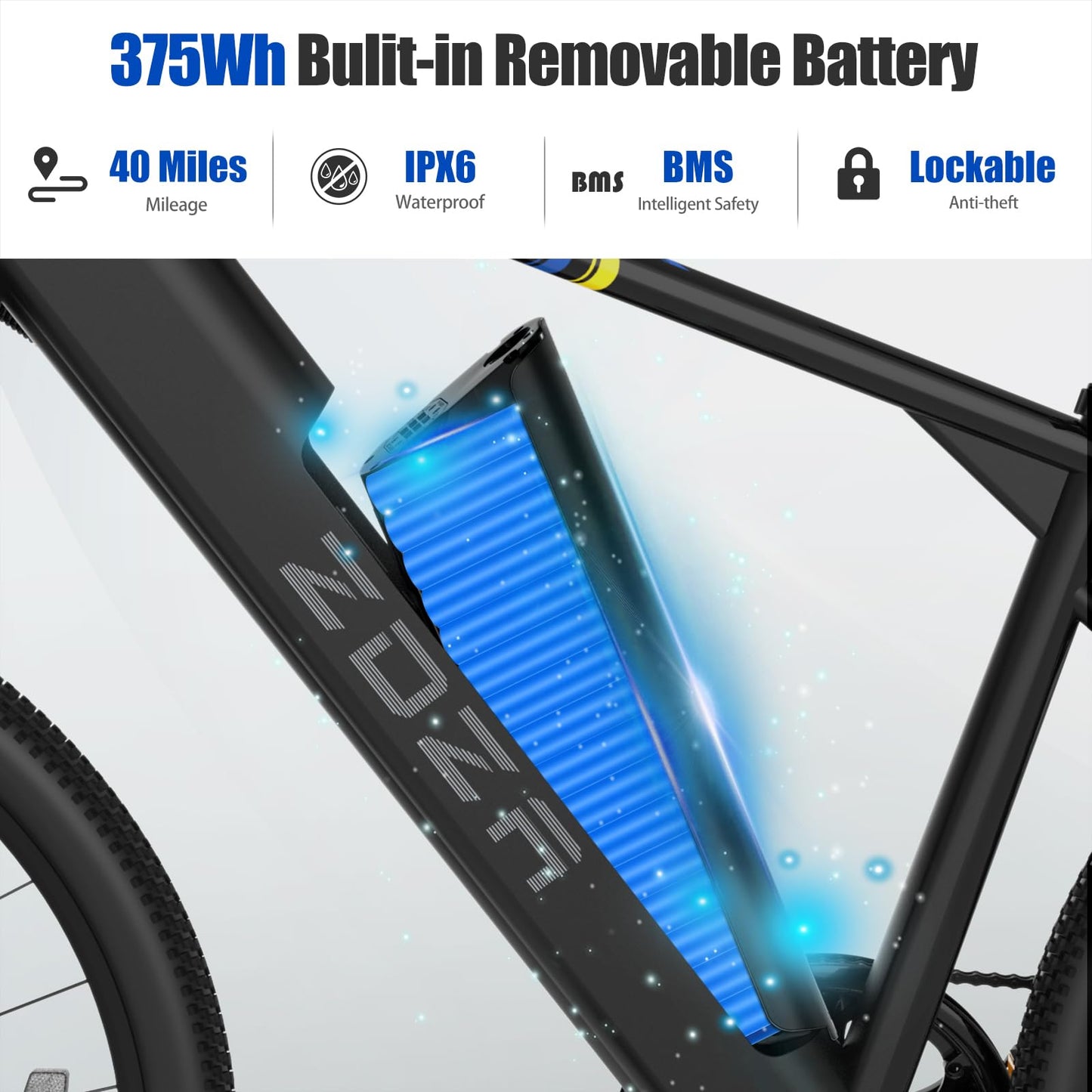 ZDZA Electric Bike, 1000W Peak Motor, 26” Electric Mountain Bike, 375Wh Removable Battery, 40 Miles Range & 20 Mph Step-Over Ebike for Adults, Electric Bicycle for Commute, 7 Speed (Black)