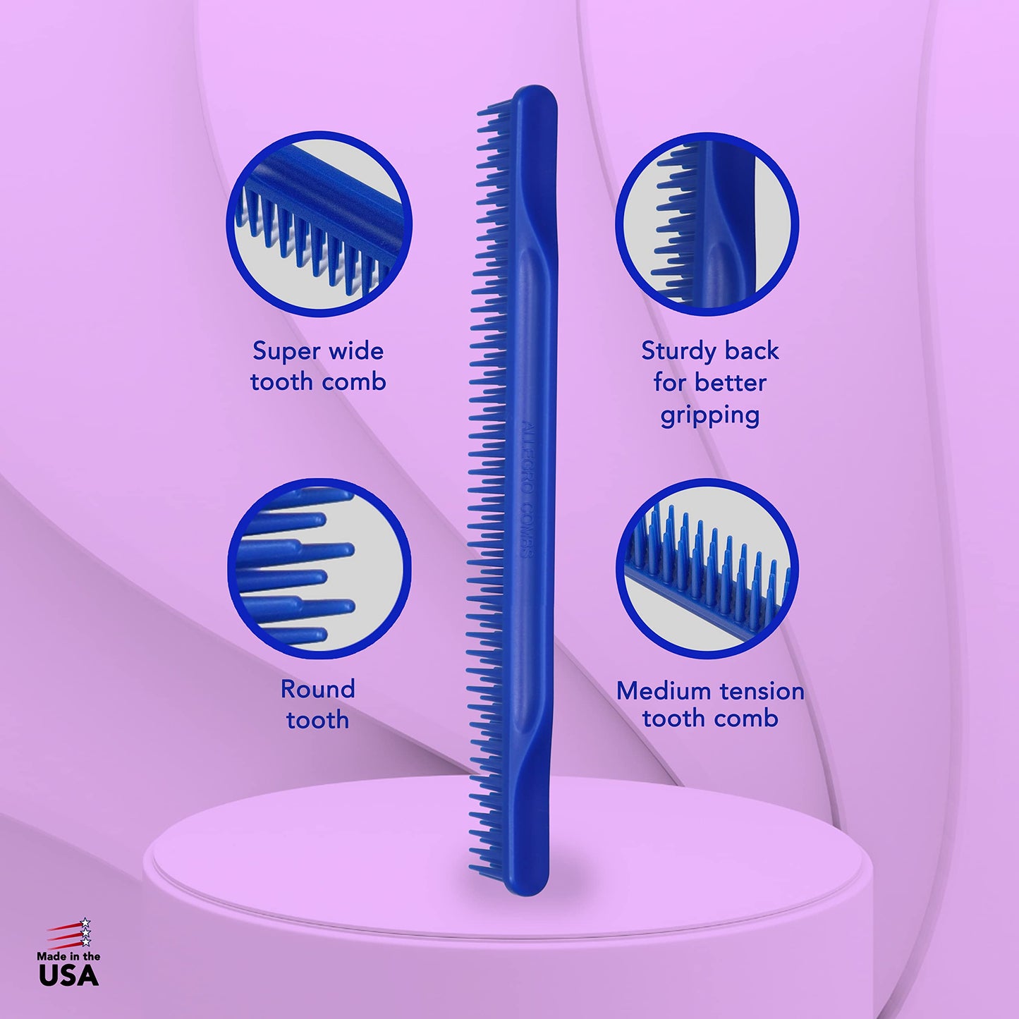 Allegro Combs 3-Row Detangling Comb, Wide Tooth Curl Defining Brush, Perfect for Curly Hair Stylists, Made in USA, Royal Blue, 1 Piece (#70)