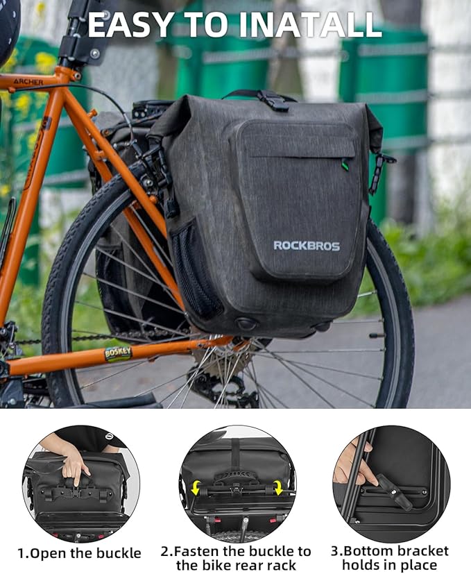 ROCKBROS Bike Pannier Waterproof 27L Large Capacity Bike Bag Rear Rack Bicycle Pannier Bag Waterproof for Grocery Touring Cycling Upgrade Khaki * 2