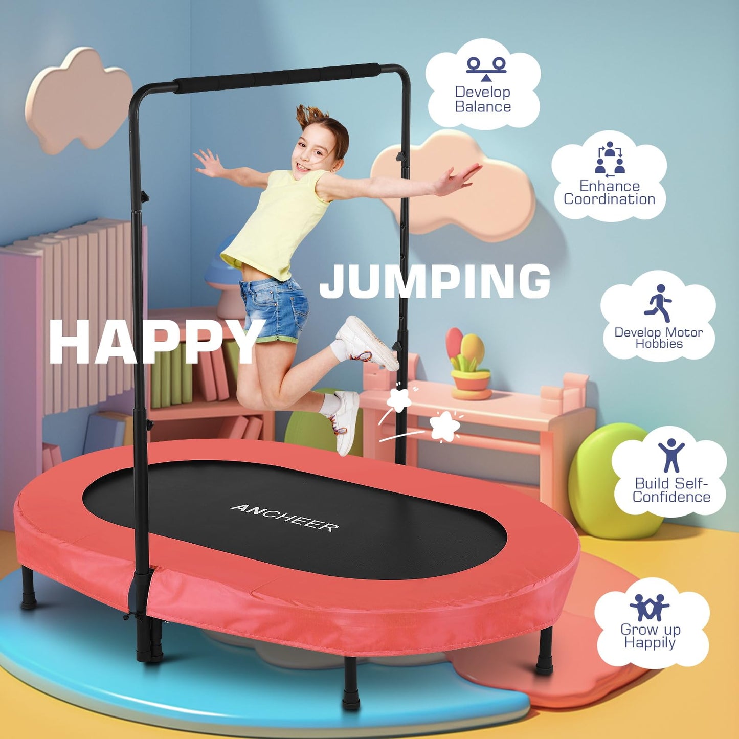 ANCHEER Foldable Trampoline, Mini Rebounder Trampoline with Adjustable Handle, Exercise Trampoline for Indoor/Garden/Workout Cardio, Parent-Child Twins Trampoline Max Load 220lbs (Training Red)