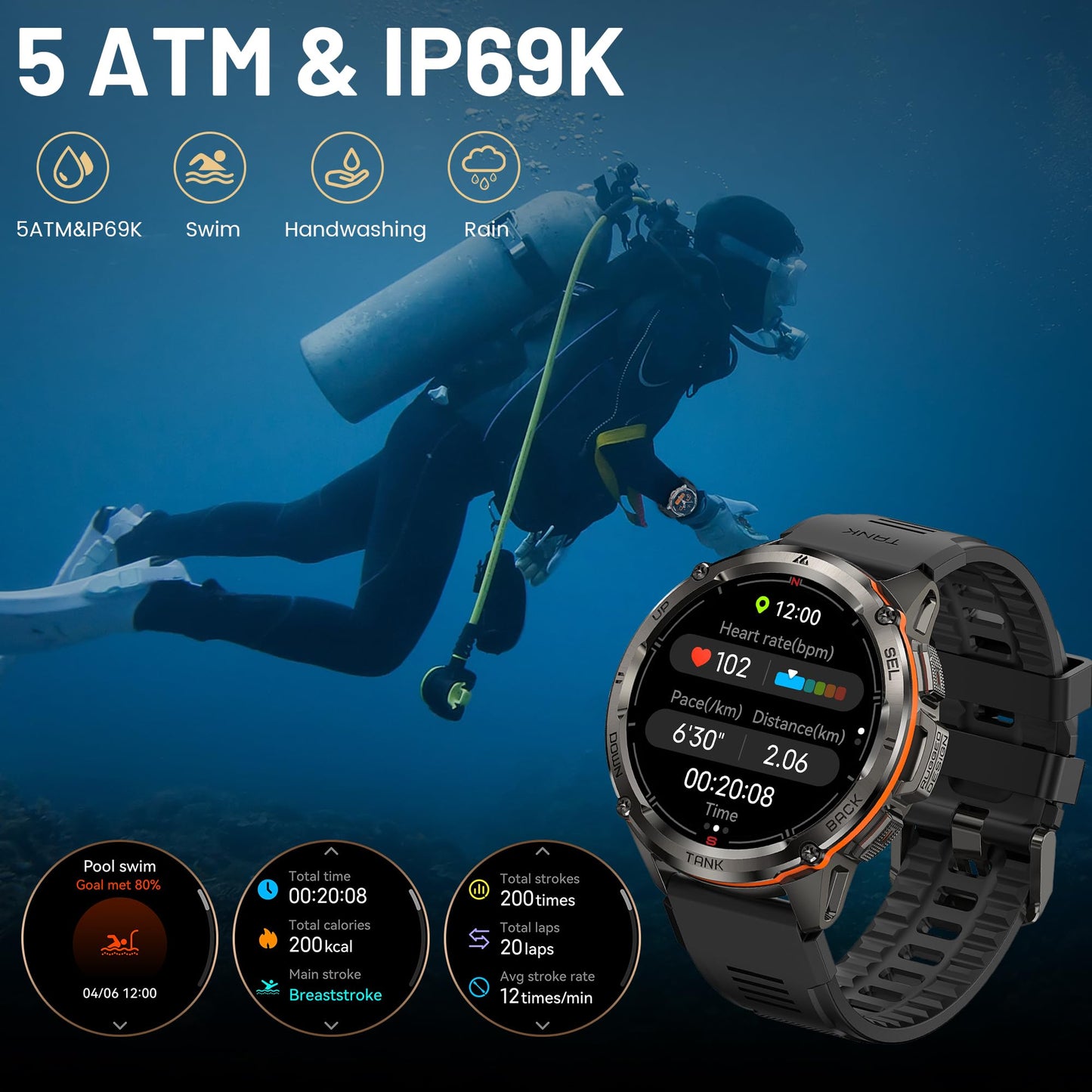 AMAZTIM GPS Smart Watch for Men, 6 Satellite Positioning, Compass, Stainless Steel Body, 50M Waterproof, 470mAh Extra-Large Battery, Answer/Make Call, 1.43" AMOLED Screen, Compatible for Android iOS