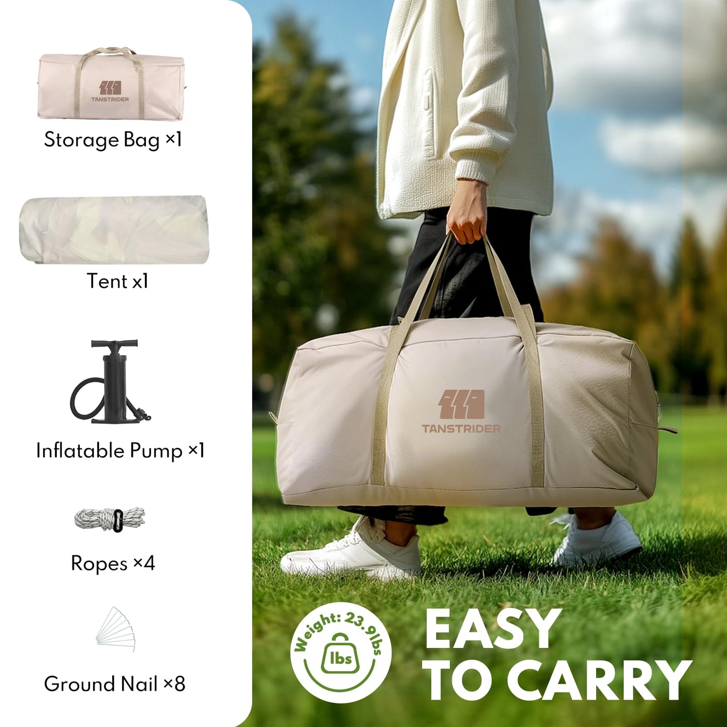 Inflatable Tents for Camping, Blow Up Tent with Hand Pump, 3-4 Person Air Glamping Tent with Canopy, Easy Setup 4 Season Waterproof Windproof Outdoor Glamping House（Brown）