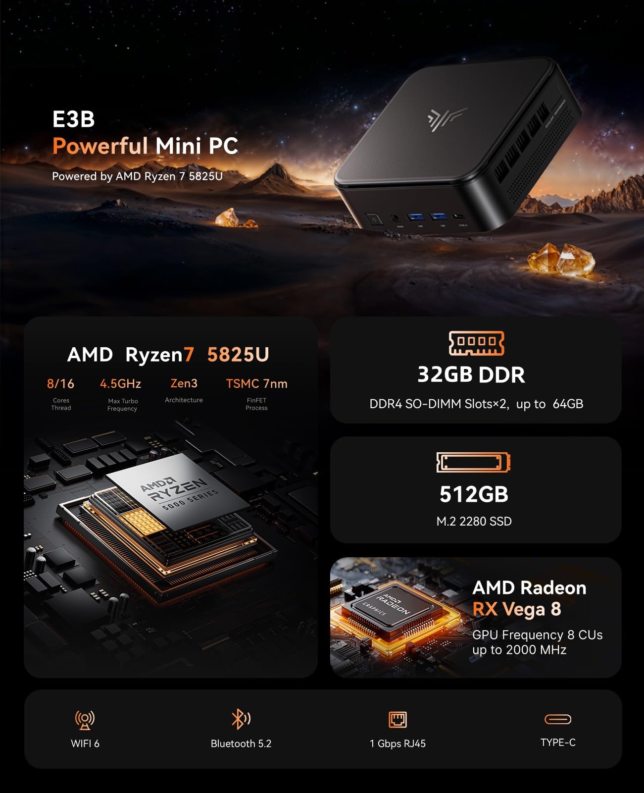 KAMRUI E3B Mini PC Ryzen, AMD Ryzen 7 5825U Mini Gaming PC(8C/16T, Up to 4.3GHz), 32GB DDR 512GB SSD Mini PC Ryzen, Dual LAN Support 4K@60Hz Triple Display WiFi6/BT5.2/DP1.4/USB3.2