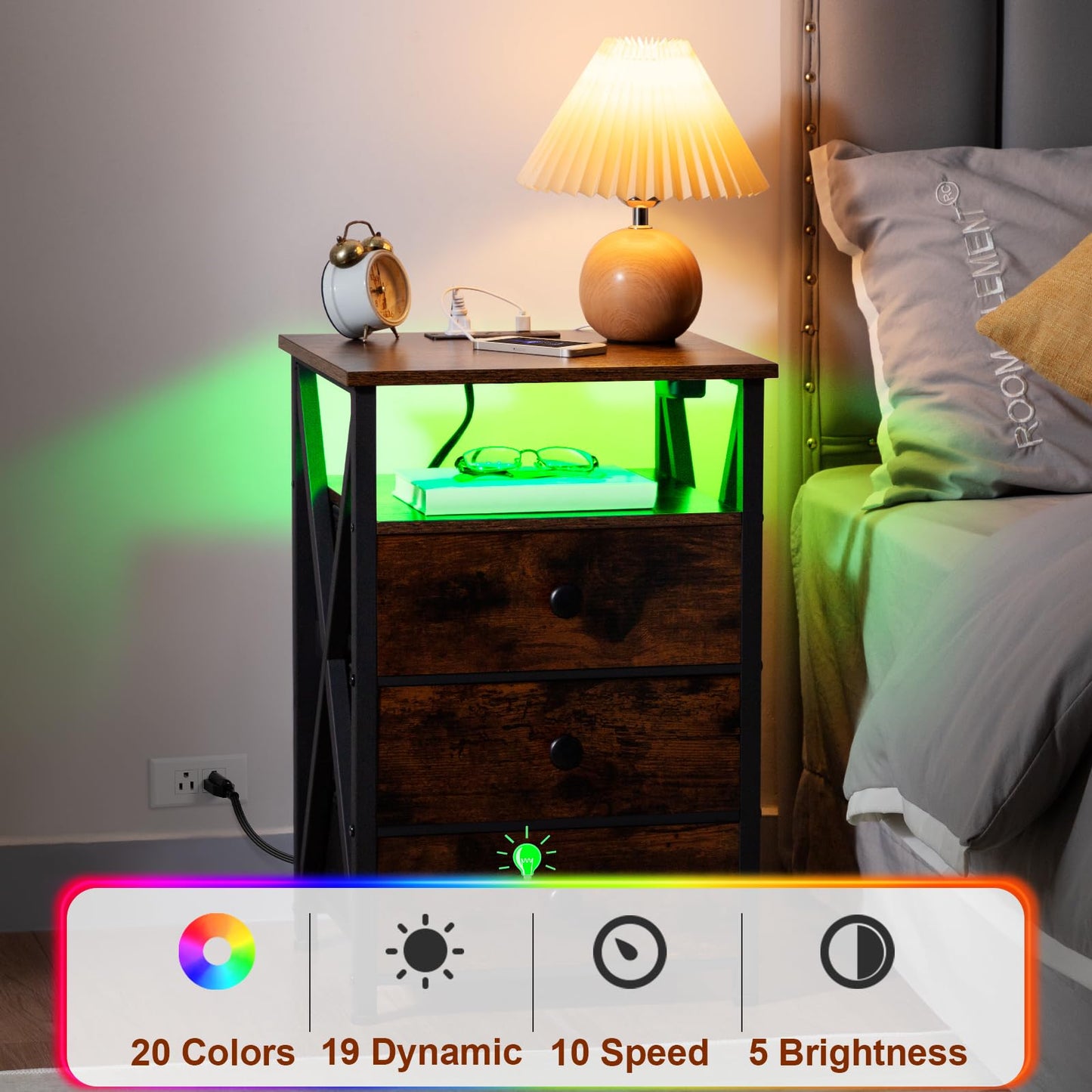 AMHANCIBLE Night Stand Set 2, LED Nightstand with Charging Station, End Side Tables with USB Port & Outlet, Bedside Tables with Fabric Drawers for Bedroom Living Room, Rustic Brown HET053LBR
