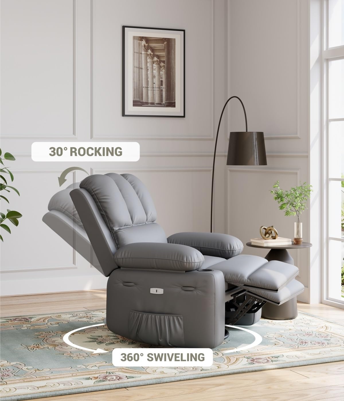 GarveeHome Recliner Chairs with Heat and Massage - 360° Swivel Lazy Recliner Chair for Adults- Manual Rocking Chair with Cup Holder for Living Rooms, Bedrooms and Nurseries - Grey