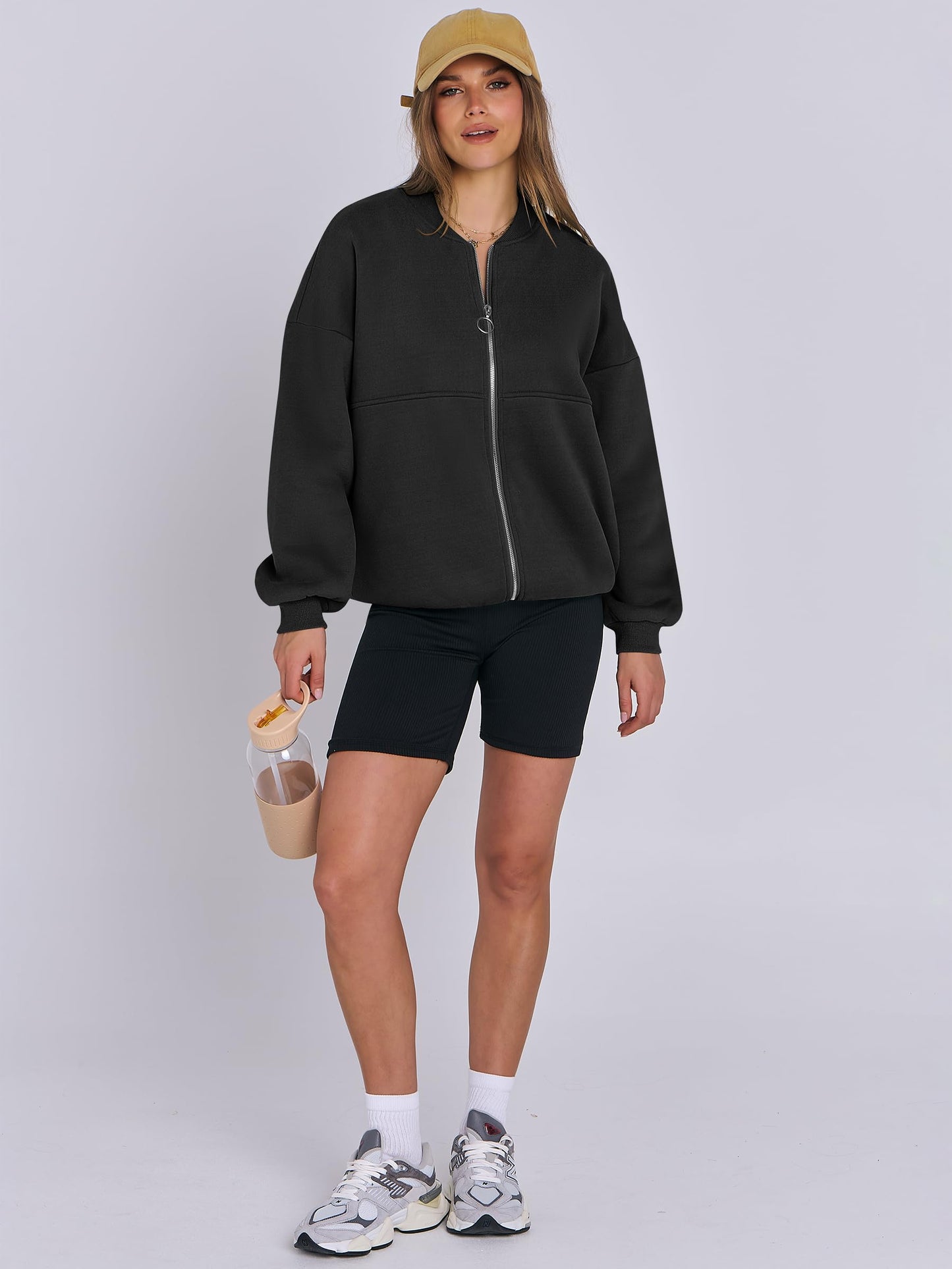 ANRABESS Women's Zip up Oversized Sweatshirts Fleece jacket Coat Long Sleeve Casual Hoodie 2024 Winter Teen Girl Top Clothes Black Small