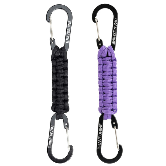 BRAVESHINE 1 Black 1 Purple Paracord Keychain Hook Carabiner Clips, Lanyard Hanger with D Ring Hooks Heavy-Weight Stroller Hook Holder for Water Bottle, Key, Tools, Boys, Girls, Men, Women