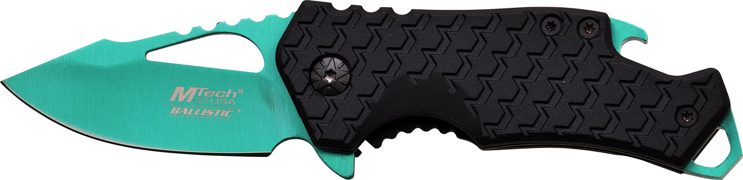 MTech USA – Spring Assisted Folding Knife – Green Fine Edge Stainless Steel Blade with Black Nylon Fiber Handle, Bottle Opener, Pocket Clip, Tactical, EDC, Self Defense- MT-A882GN