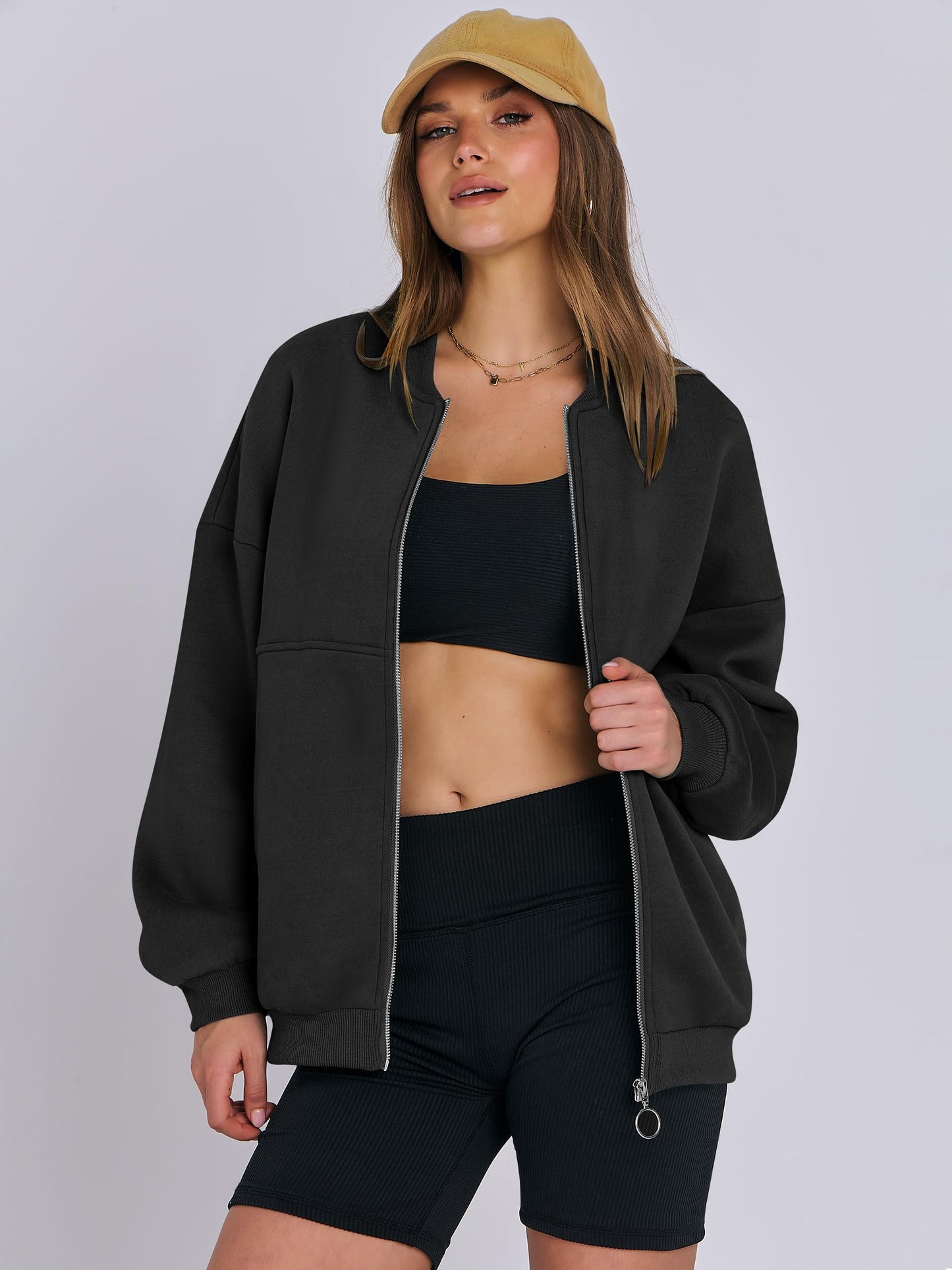 ANRABESS Women's Zip up Oversized Sweatshirts Fleece jacket Coat Long Sleeve Casual Hoodie 2024 Winter Teen Girl Top Clothes Black Small
