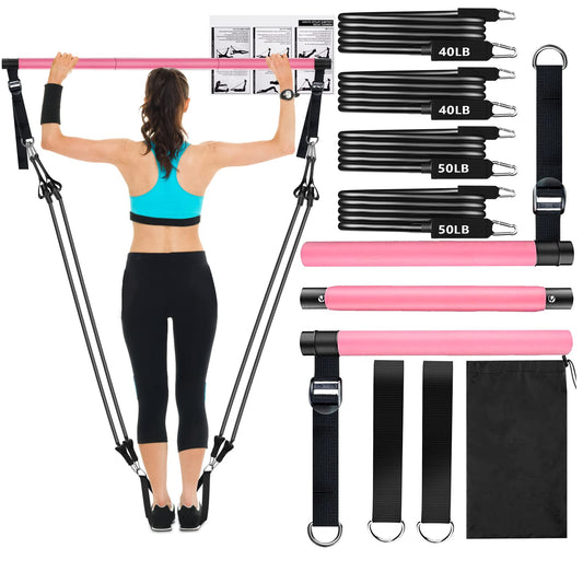 Pilates Bar Kit with Resistance Bands, Adjustable 3-Section Pilates Bar with Stackable Bands Workout Equipment for Legs,Hip,Waist and Arm Full Body Workouts Pilates (Pink(Adjustable,40/50lbs)