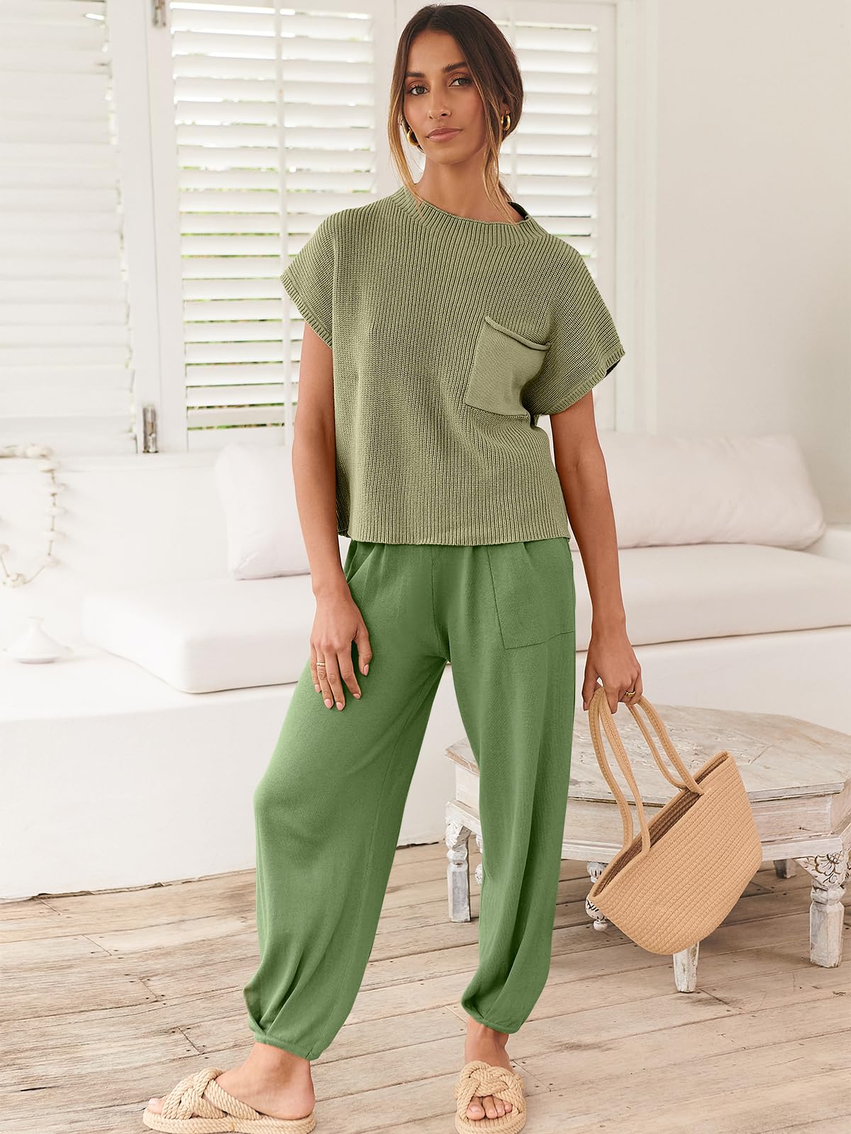 ANRABESS Women's Two Piece Outfits Knit Sweater Pullover Crop Top & Pants Lounge Matching Tracksuit Sweatsuit Sets 2024 Trendy Loungewear Clothes Grass X-Small