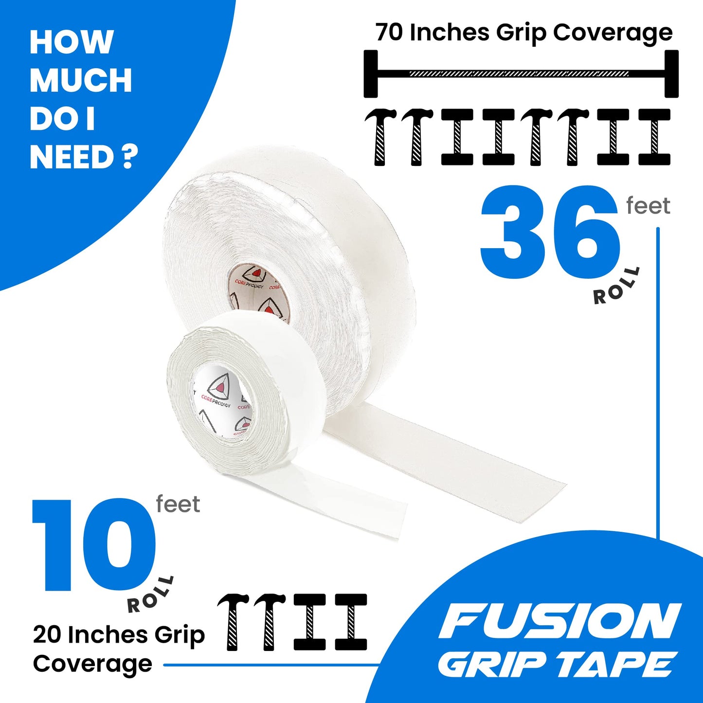Core Prodigy Fusion Grip Tape - Silicone Rubber Wrap for Pull Up Bars, Barbells, Dumbbells, Sports and Gym Equipment, Weights and Tool Handles (36 Foot, White)