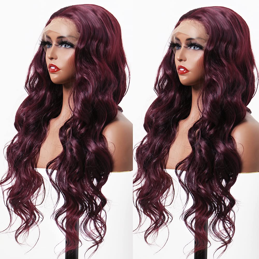 ANDRIA lace front wigs Glueless Lace Wig Long Loose Wave Synthetic Heat Resistant Fiber Wig With Baby Hair Long Curly Colorful Burgundy Wine Red Colored lace front wig for Black Women 99j Wig 24 Inch