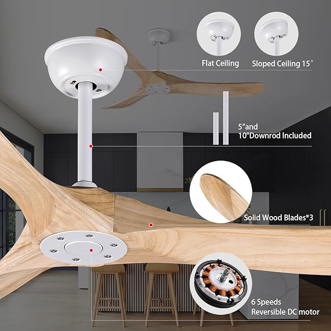 Bigzone 52" Modern Ceiling Fan No Light, DC Motor Energy Saving, 3 Solid Wood Blades, Outdoor Ceiling Fan With Remote Control，Reversible Blades