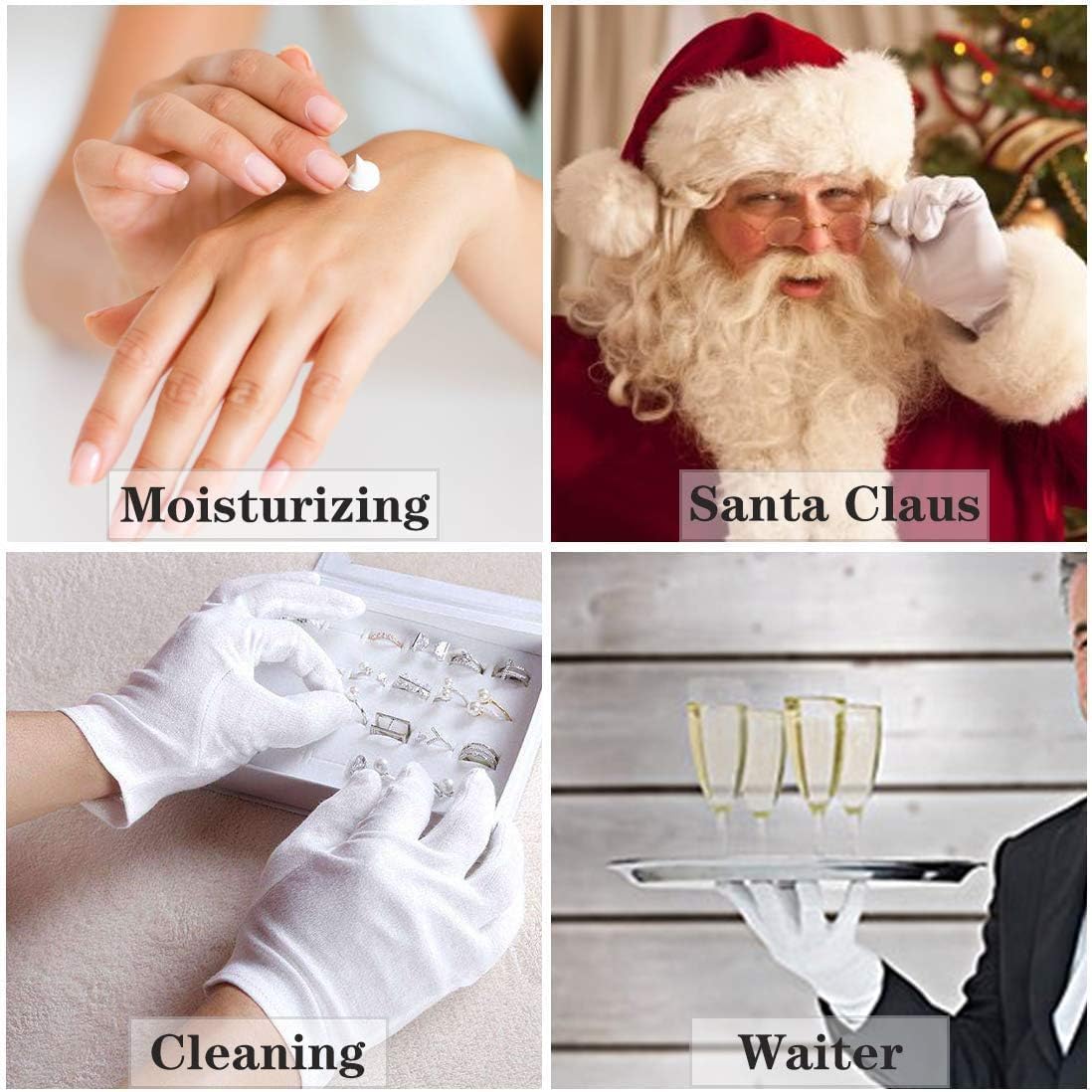 100% Cotton Gloves, 6 Pairs White Cotton Gloves for Women Dry Hands Eczema SPA Moisturizing - Work Glove for Serving Archival Coin Jewelry Inspection