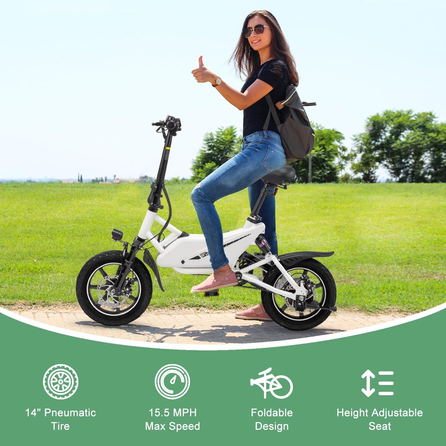 Winado 14" Electric Bike for Adults, Folding Electric Bicycle 350W Motor with Dual Shock Absorber, Dual Disc Brakes, Max Range 20Miles, Foldable Commuter City Ebike for Adults/Teens, White