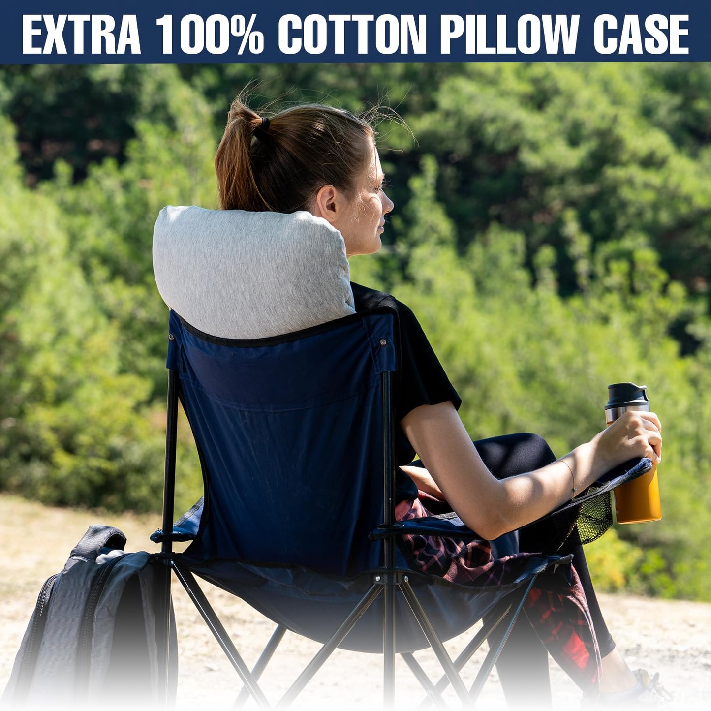 alkamto Memory Foam Pillow for Travel and Camping with Extra Cotton Cover – Easy to Carry Portable Bag (White)