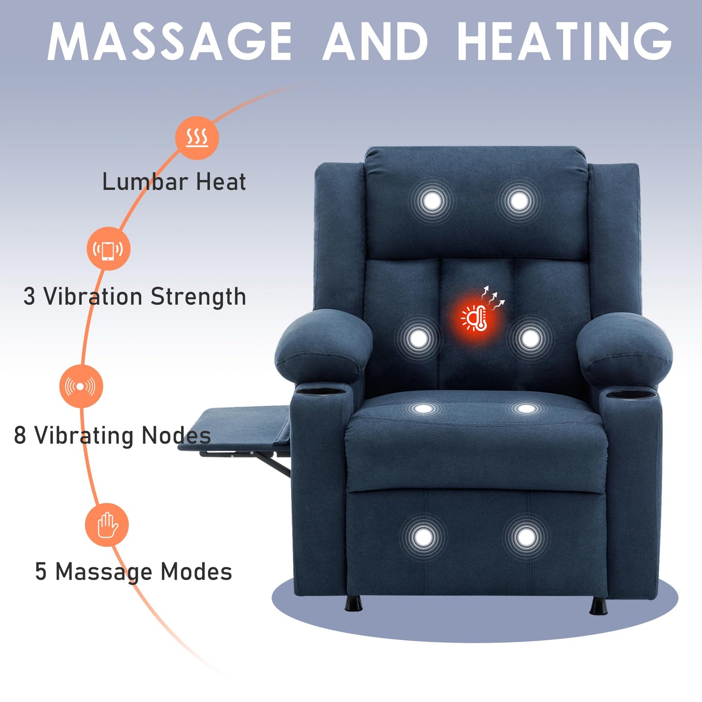 Andeworld Power Recliner Chair,Reclining Sofa Chair with Heat and Massage for Adults, Upholstered Heating Point Theater Seating Single Sofa with Side Pockets Sidetable for Living Room, Blue