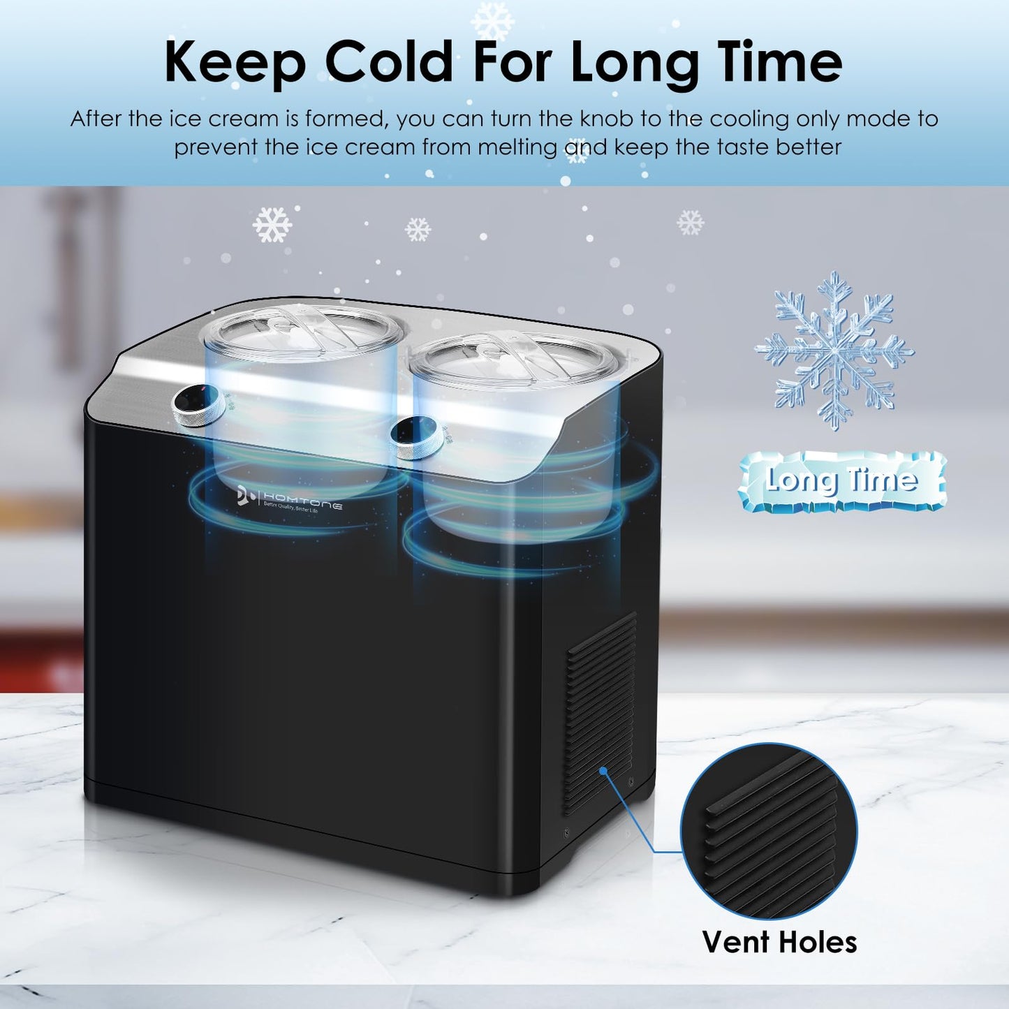 Homtone 2 Flavor Ice Cream Maker, 2.6QT (2 x 1.3qt) Compressor Largest Capacity & Fast Freezing Ice Cream Machine with 2 Bowls, Easy Operate & Clean Ice Cream Maker, 3 Modes