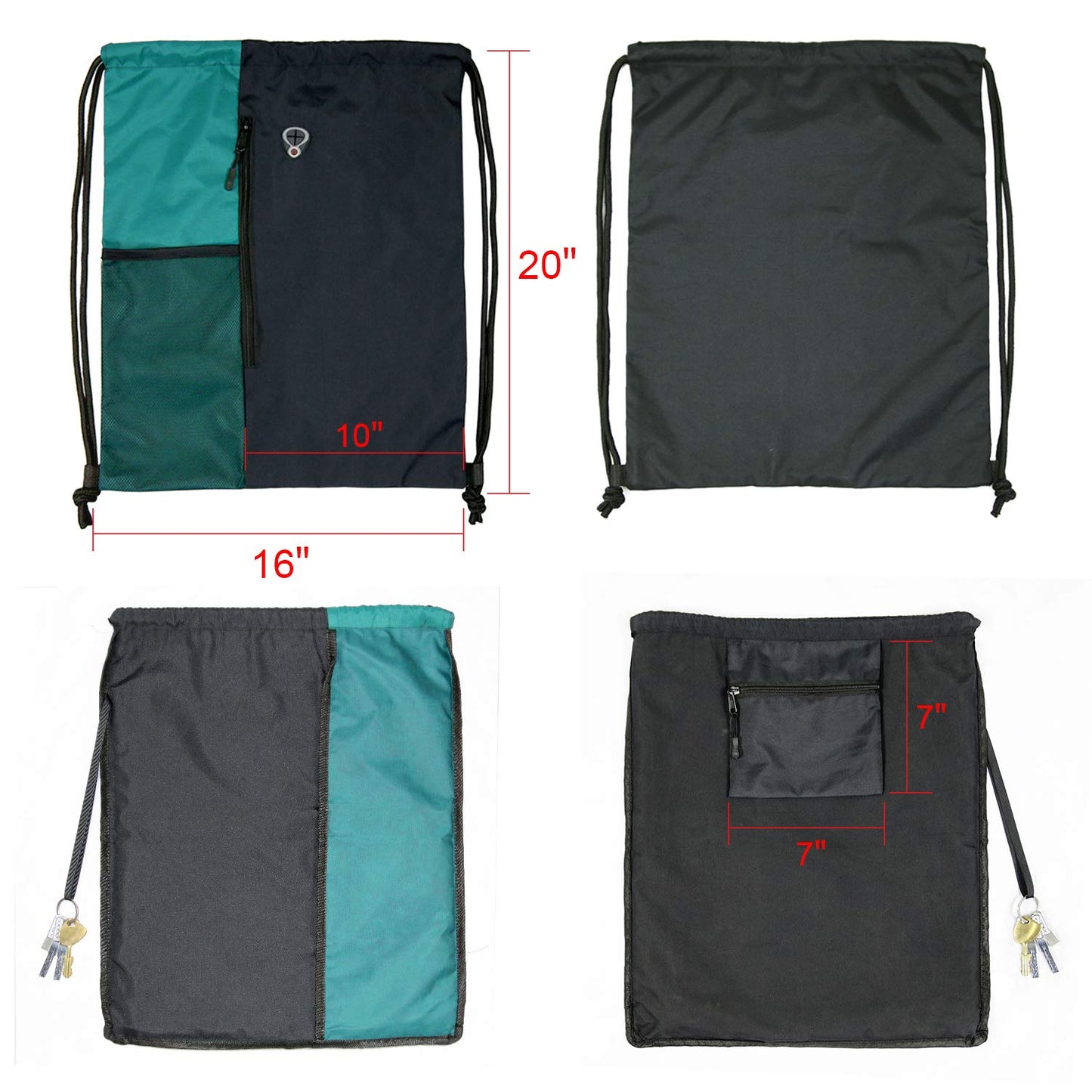 Drawstring Backpack Sports Gym Bag for Women Men Large Lightweight Backpack with Zipper and Water Bottle Mesh Pockets (Black/Teal)