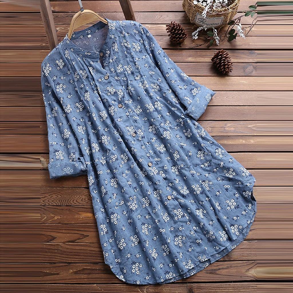 Aniywn Women Round Neck Lace Up Lace Patchwork Flare Pullover Top Casual Plus Size 3/4 Sleeve Floral Printed T-Shirt