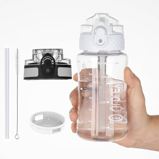 OLDLEY Kids Water Bottle for School, 12 oz (2 lids) BPA-Free Reusable Leak-proof Durable Tritan Plastic Water Bottles with Straw & Chug Lids, Anti-dust Spout Cover (Clear)
