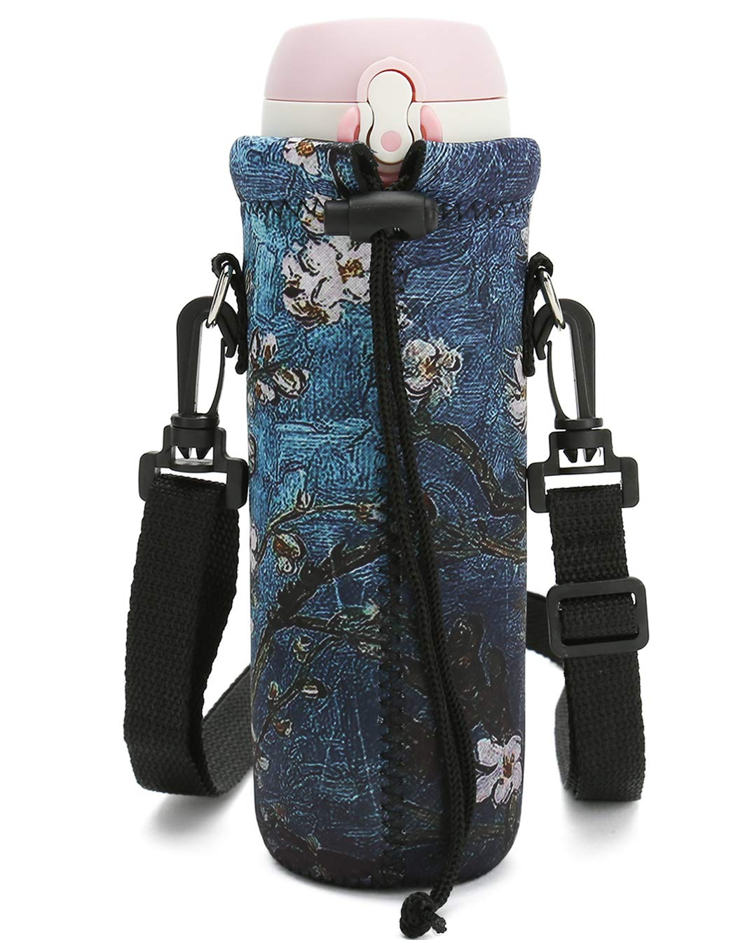RICHEN Neoprene Water Bottle Carrier Bag with Adjustable Shoulder Strap,Insulated Water Bottle Cover for 500ml/16oz Stainless Steel/Glass/Plastic Bottles (Apricot Flowers,500ML)