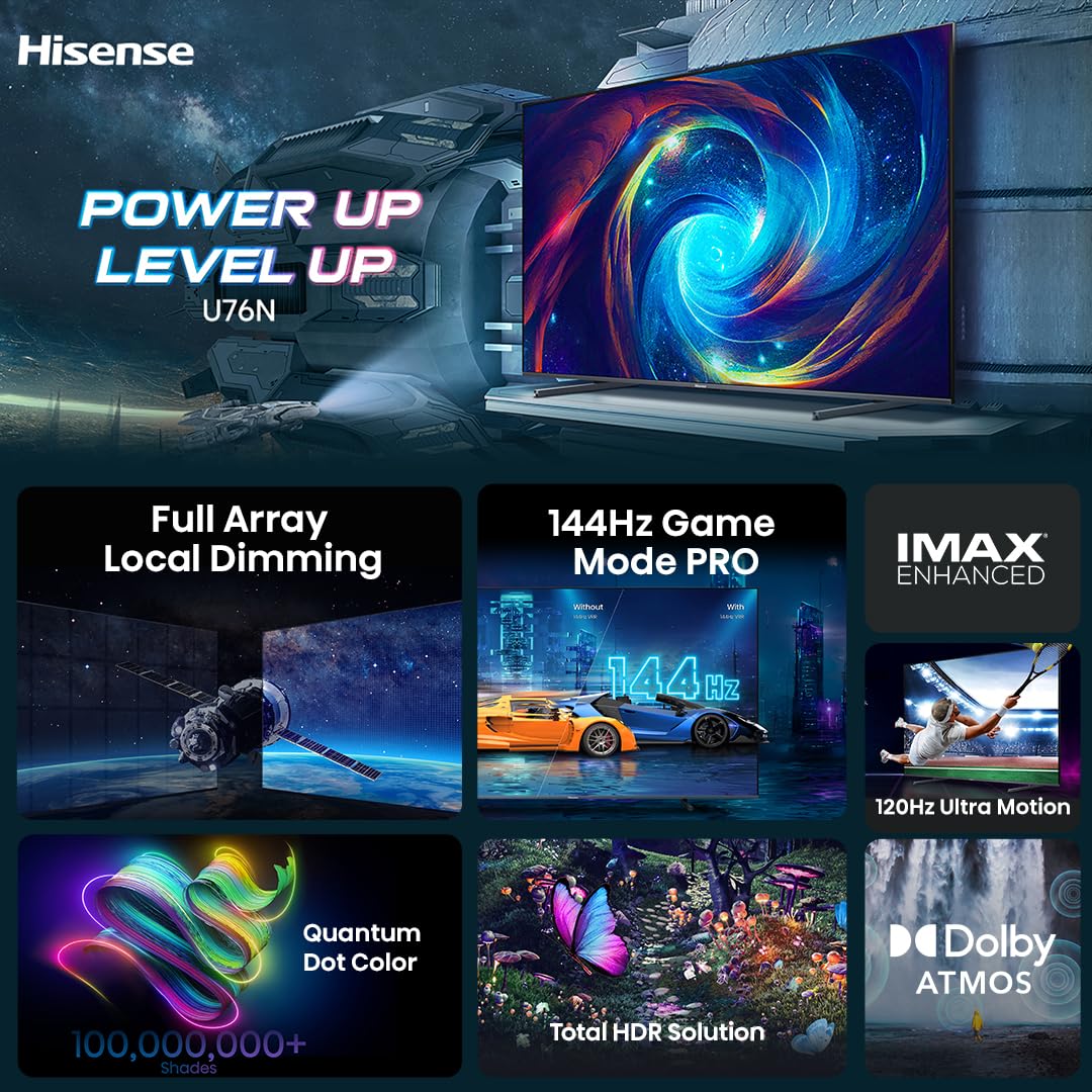 Hisense 100-Inch Class U7 Series ULED 4K UHD Google Smart TV (100U76N) - QLED, Native 144Hz, Motion Rate 480, Dolby Vision, Full Array Local Dimming, Game Mode Pro, Alexa Compatibility