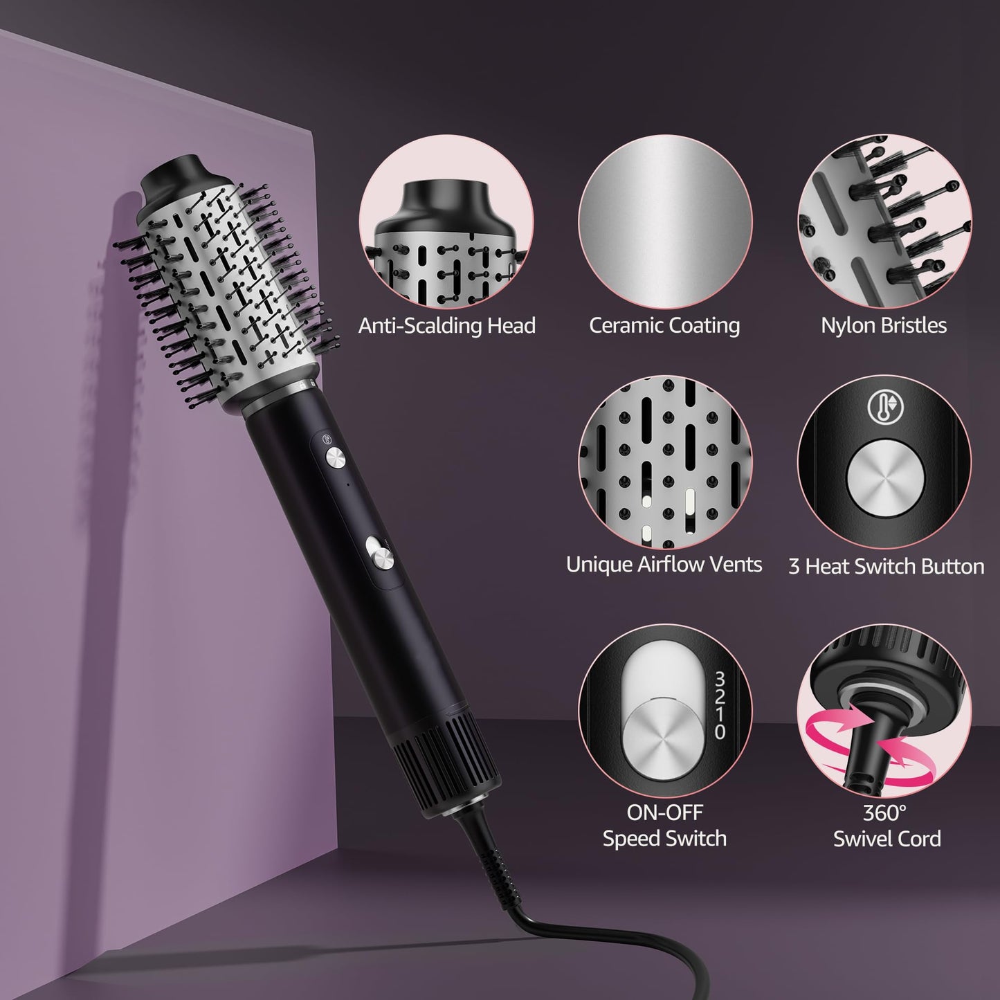 SKIMI Hair Dryer Brush and Blow Dry Brush, Multi-Hot Air Styler with 110000RPM Brushless Motor, Hot Air Brush for Fast Drying Curling Volumizing Straightening&Styling, High-Speed (Black&Silver)