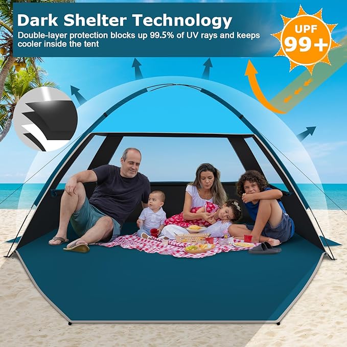 COMMOUDS Beach Tent Sun Shade for 3/4-5/6-7/8-10 Person, UPF 50+ Beach Sun Shelter Canopy Tent, Lightweight, Easy Set Up and Carry