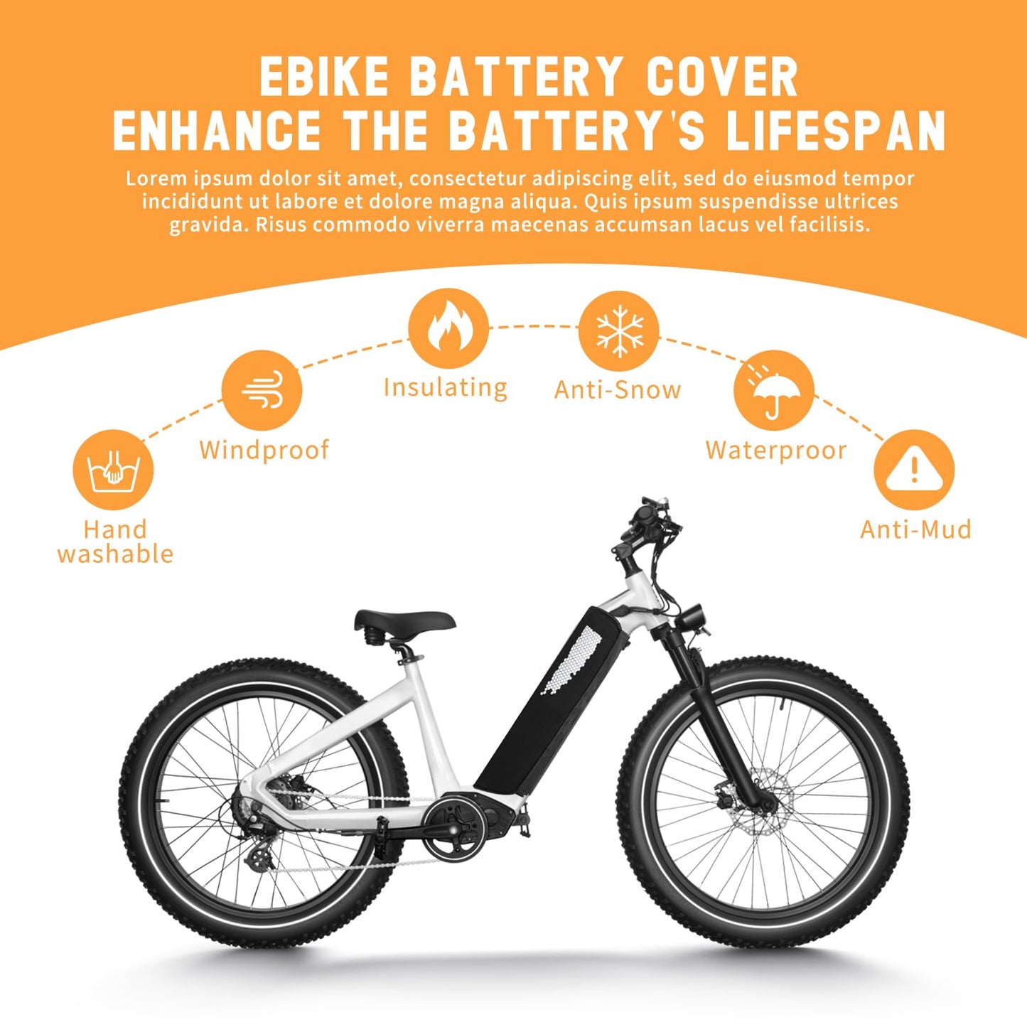 LETSERBIKE Ebike Battery Cover Waterproof, Neoprene Electric Bicycle Battery Cover Large, Fat Tire E-Bike Light-reflecting Battery Covers Bag for Winter, Dustproof, Extended Battery Life