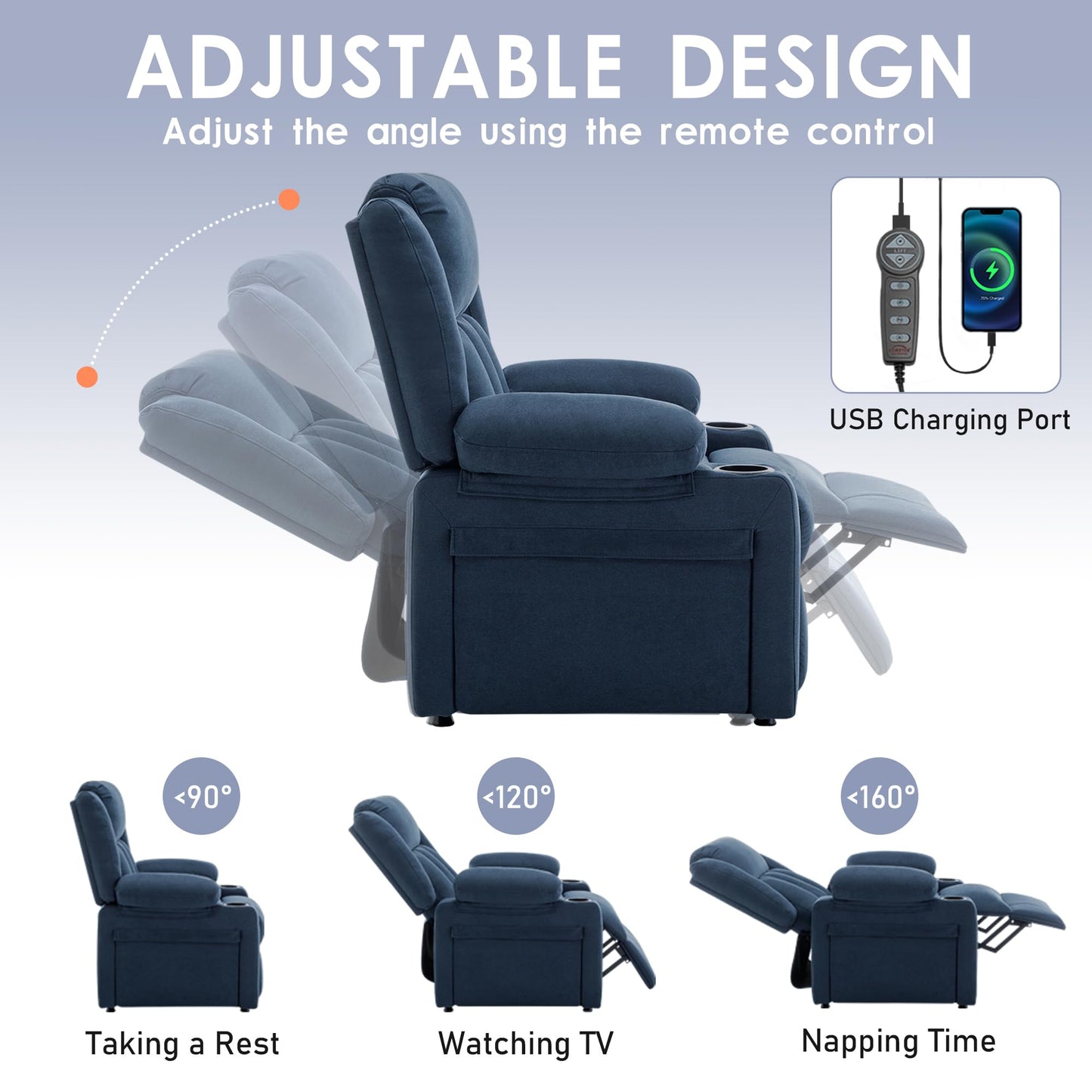 Andeworld Power Recliner Chair,Reclining Sofa Chair with Heat and Massage for Adults, Upholstered Heating Point Theater Seating Single Sofa with Side Pockets Sidetable for Living Room, Blue