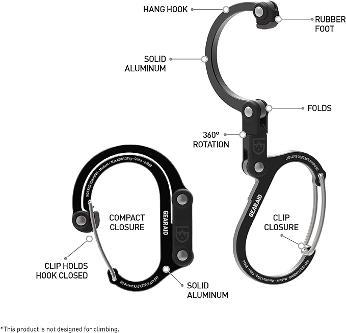 GEAR AID HEROCLIP 360° Swivel Carabiner Gear Clip and Hook (Medium) for Camping, Backpack, Suitcases and Garage Organization