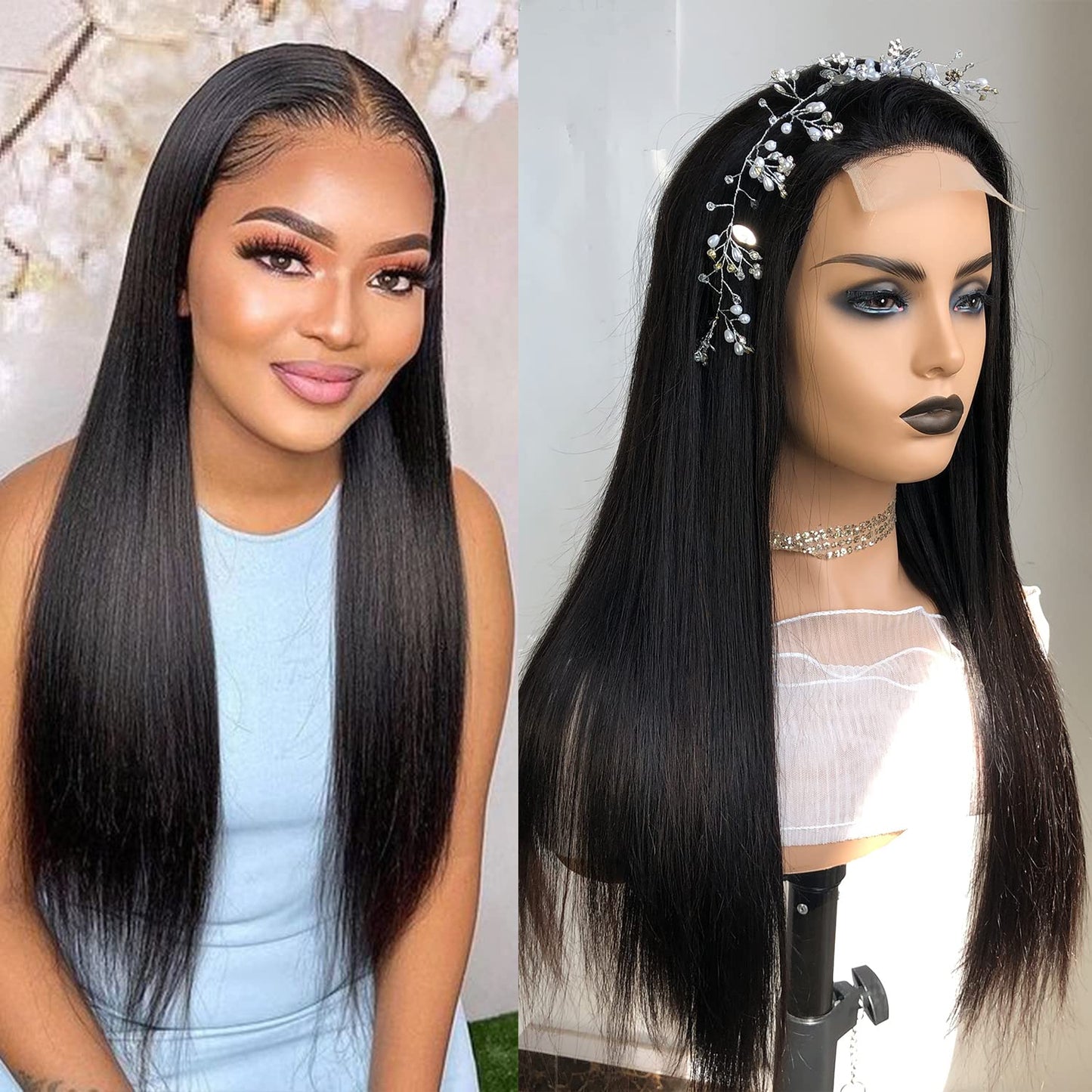 Ainimiu Straight Lace Closure Wigs Human Hair Pre Plucked 180% Density Glueless 12A Brazilian Virgin Hair 4x4 Lace Front Wigs Human Hair For Black Women Natural Black Wig With Baby Hair 18inch