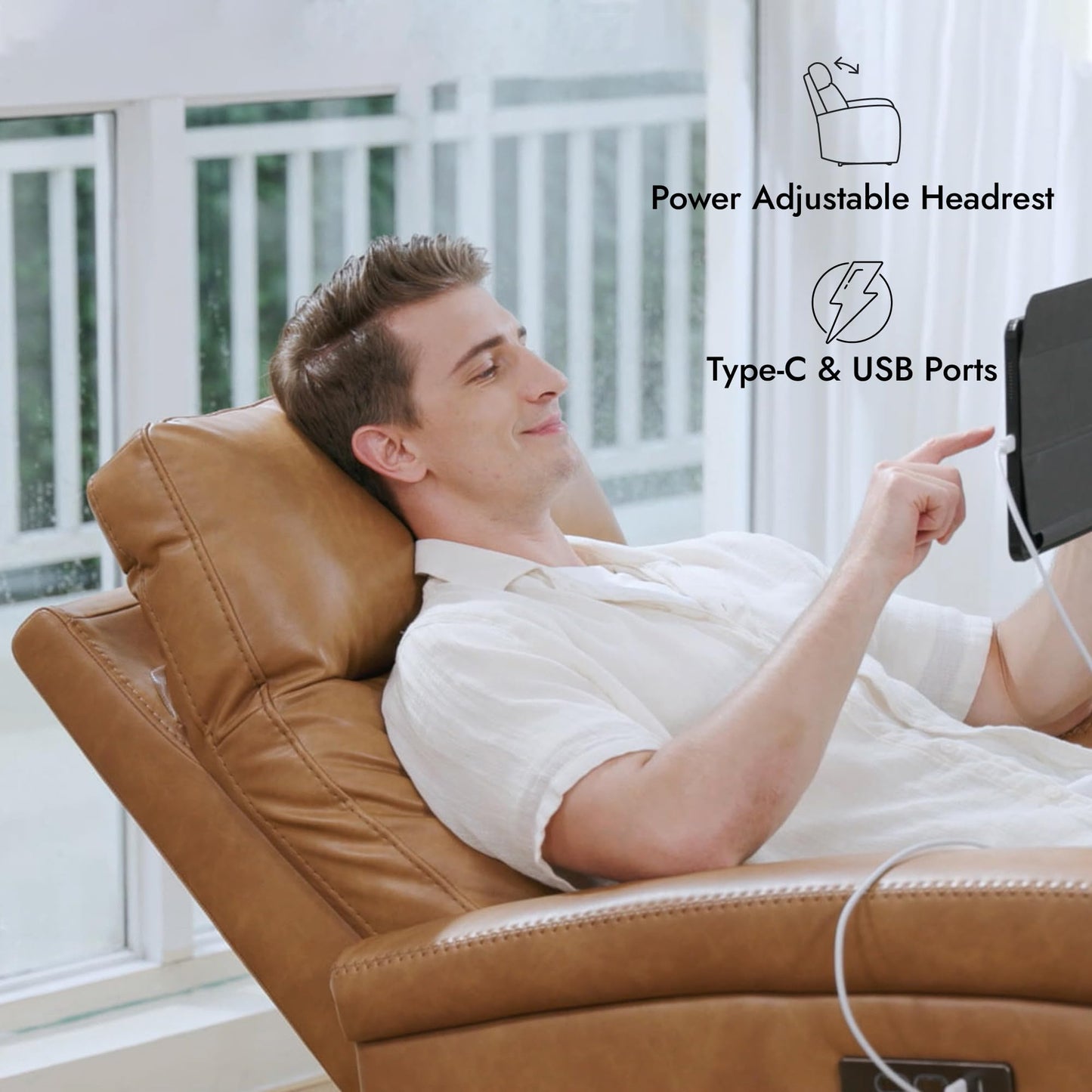 Watson & Whitely Power Recliner Chairs for Adults, Zero Wall Recliners W Power Headrest Type-C Charger, Small Faux Leather Home Theater Seating for Living Room & RV, Cognac Brown