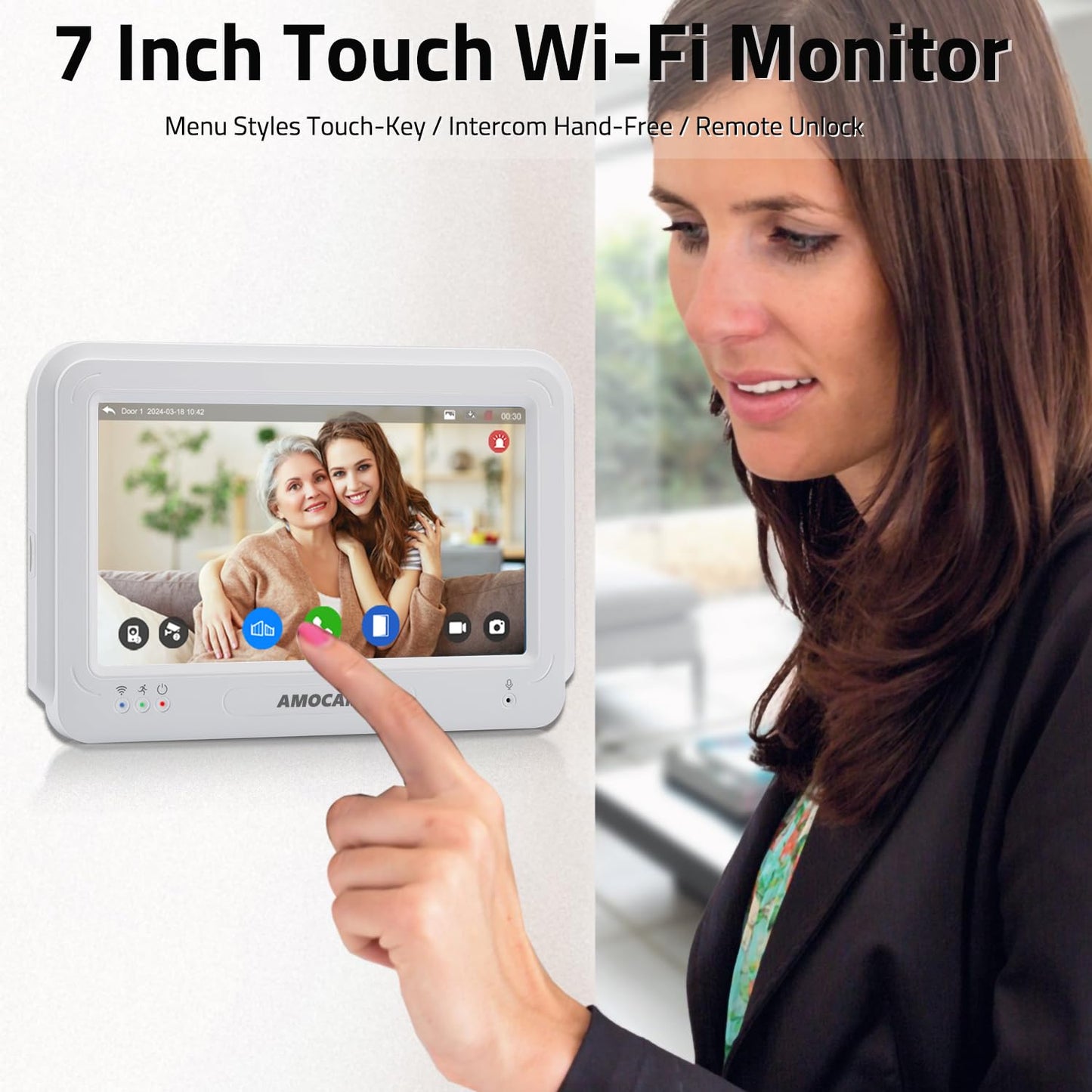 AMOCAM Wireless WiFi Video Doorbell Intercom System, 1080P Video Door Camera with Monitor, 7 Inch Touch Screen Video Door Phone, No Monthly Fees, Tuya APP Remote Intercom (Wired Power)
