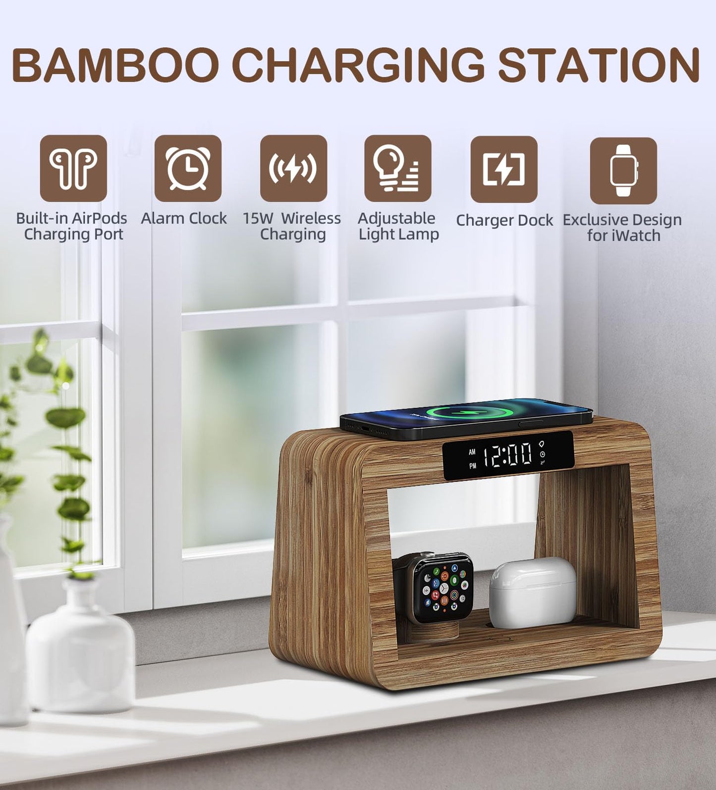 Alltripal Wireless Charging Station with Clock, Desk Lamp 15W Fast Wireless Charger Night Light with 3 Color, Bamboo Wireless Charging Station Dock for iPhone/AirPod/iWatch, Gifts for Women Men