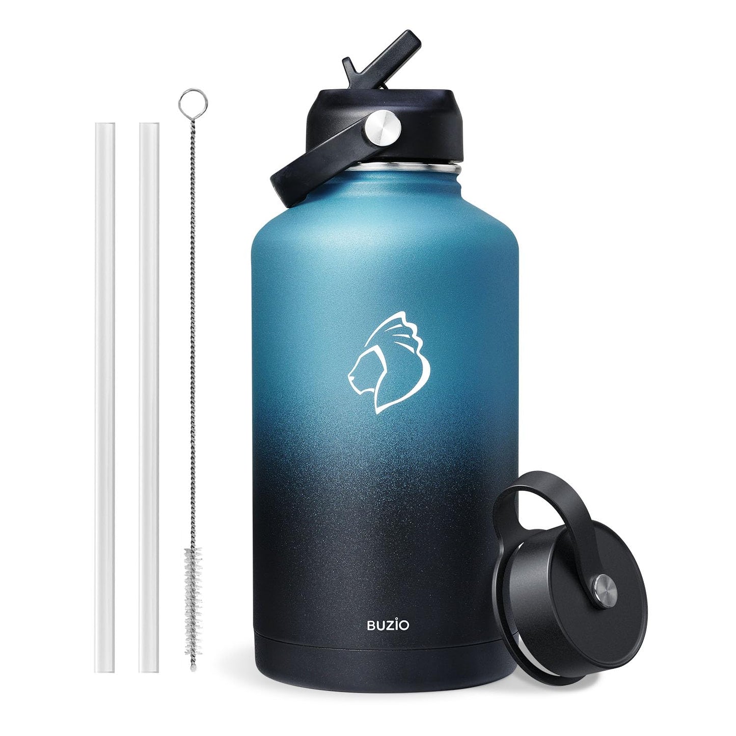 BUZIO Insulated Water Bottle with Straw Lid and Flex Cap, 64oz Double Wall Vacuum Stainless Steel Water Thermo Wide Mouth Lid, Cold for 48 Hrs Or Hot for 24 Hrs Sweat Proof Flask, Indigo Crush