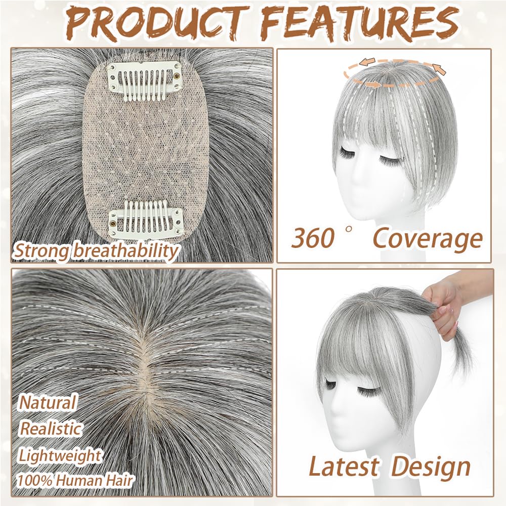 Amchoice Hair Toppers for Women Real Human Hair, Bangs Hair Clip 360° 3D Cover Human Hair Topper with Bangs, Human Hair Toppers for Women Daily (Gray, 3D Wispy Bangs (5 * 9))