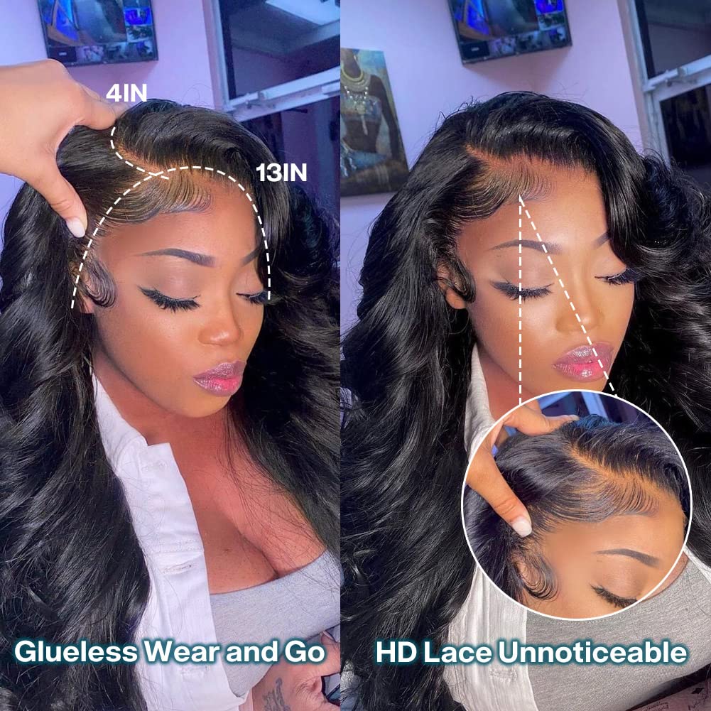 Ailwelia 13x4 Body Wave Lace Front Wig Human Hair Wigs for Black Women Human Hair 180 Density HD Lace Front Wigs Human Hair Pre Plucked Bleached Knots Lace Front Wig Glueless Wigs Human Hair 24 Inch