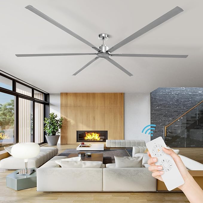 GESUM 100 Inch Ceiling Fans with Remote Control, Industrial Ceiling Fan with 6 Aluminum Blades, 3 Downrods, Reversible, 6-Speeds, Large Ceiling Fan for Porch/Garage/Shop (Brushed Nickel)
