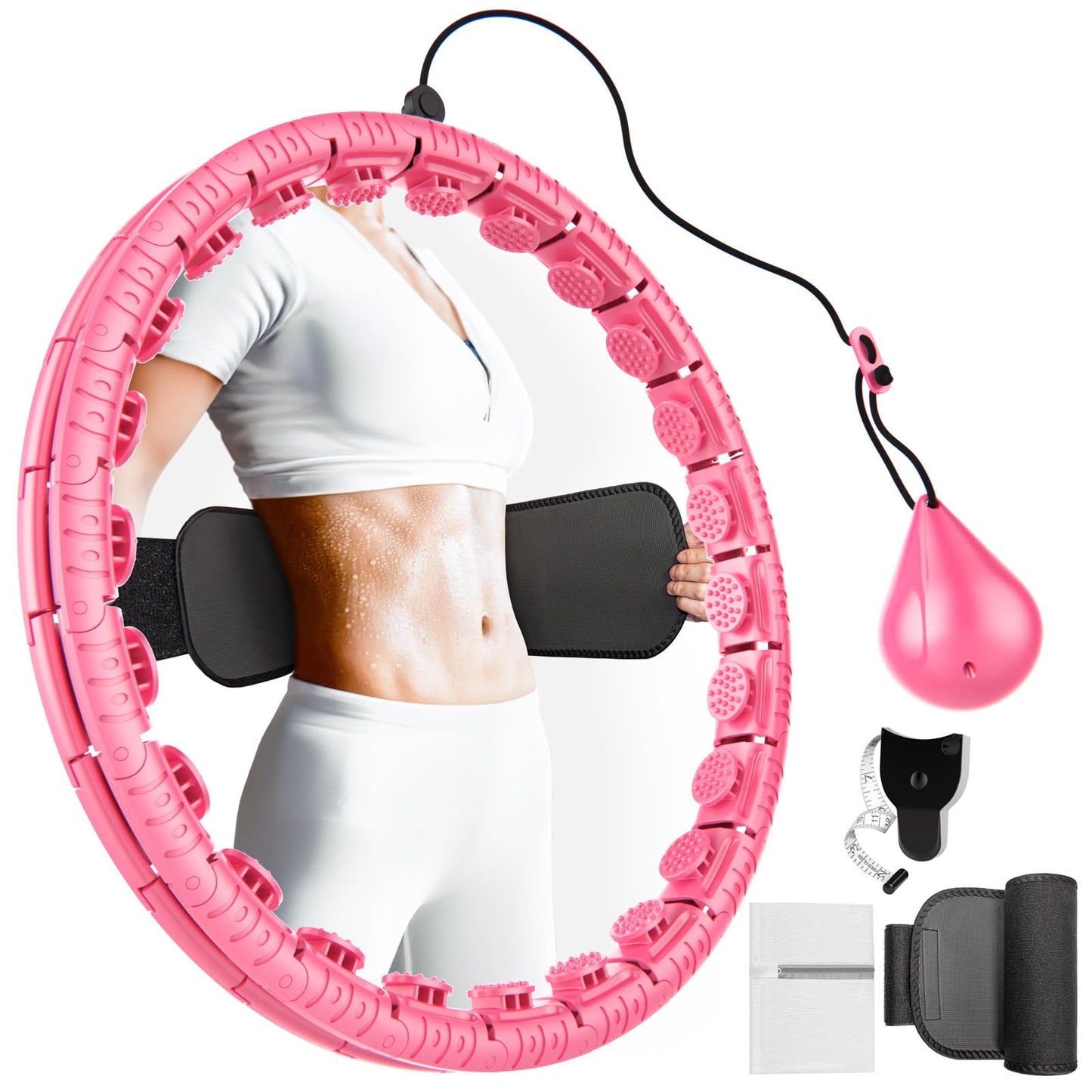 Weighted Hula Hoop for Adults Weight Loss,Infinity Weighted Hoop Plus Size with Sweat Belt,Waist Trainers for Women,Exercise Hula Hoop Womens Weight Loss at Home (Bright Pink)